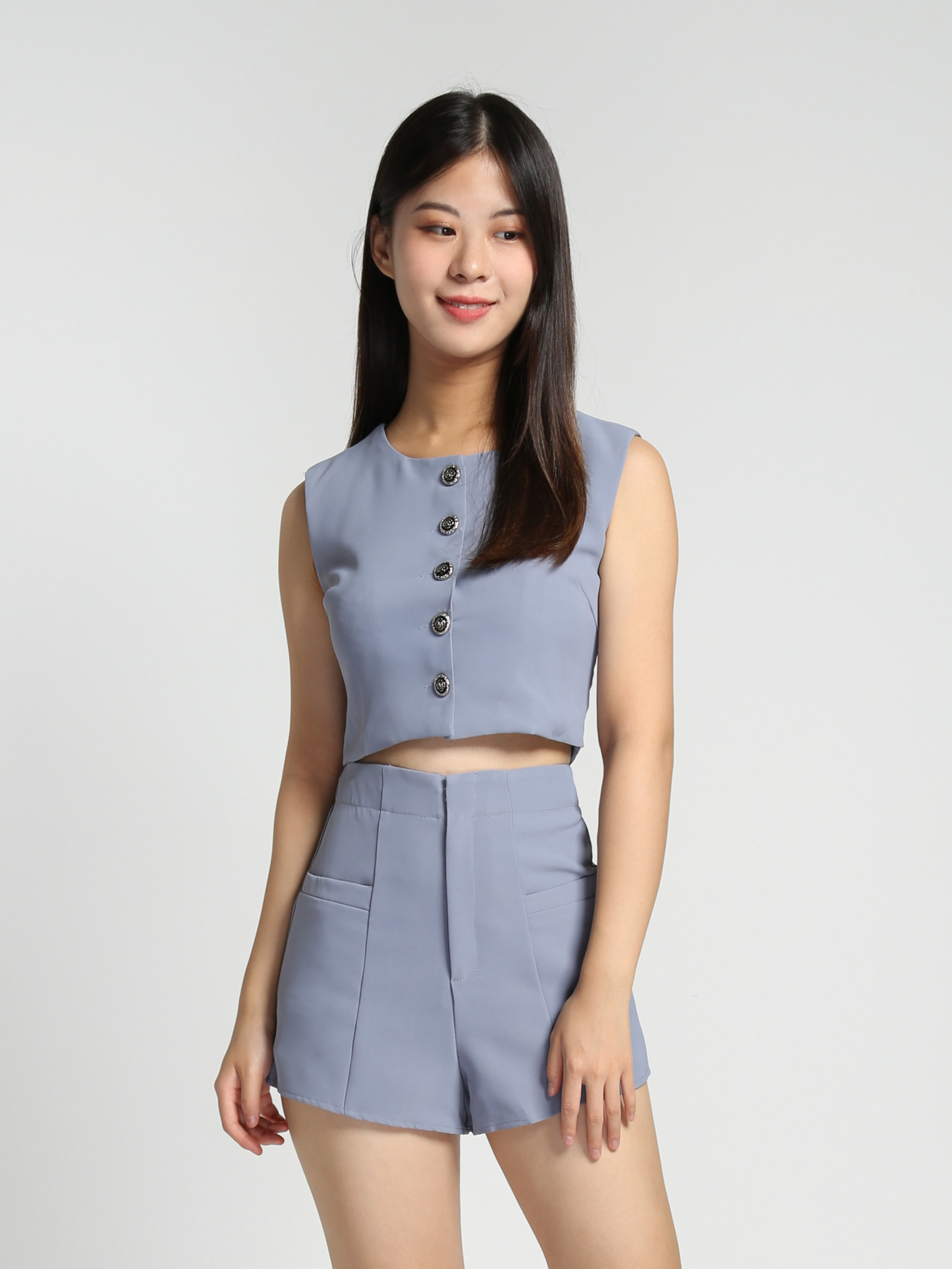 Sleeveless Front Button Top With Front Pocket Short Pants Set 27833