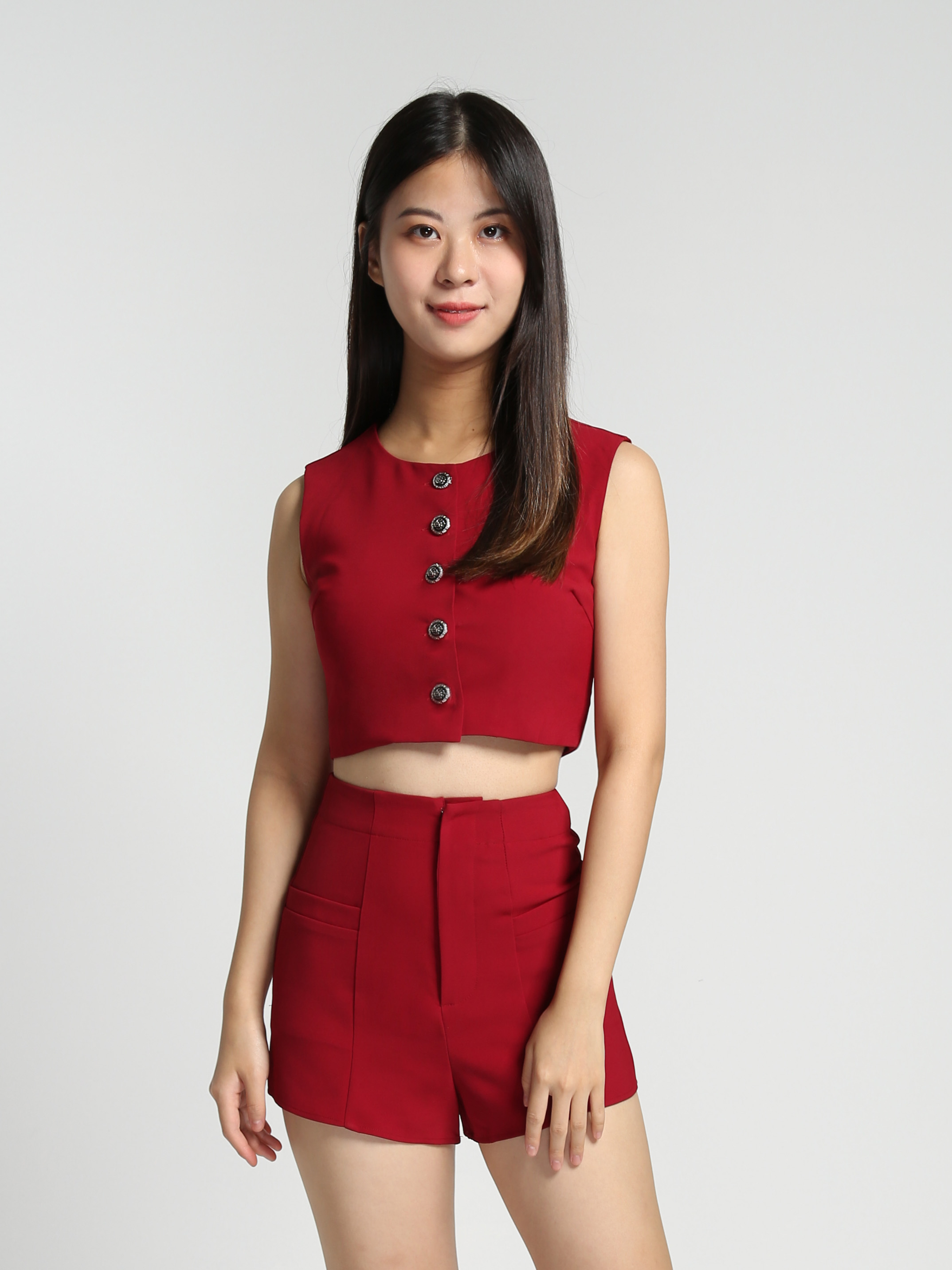 Sleeveless Front Button Top With Front Pocket Short Pants Set 27833