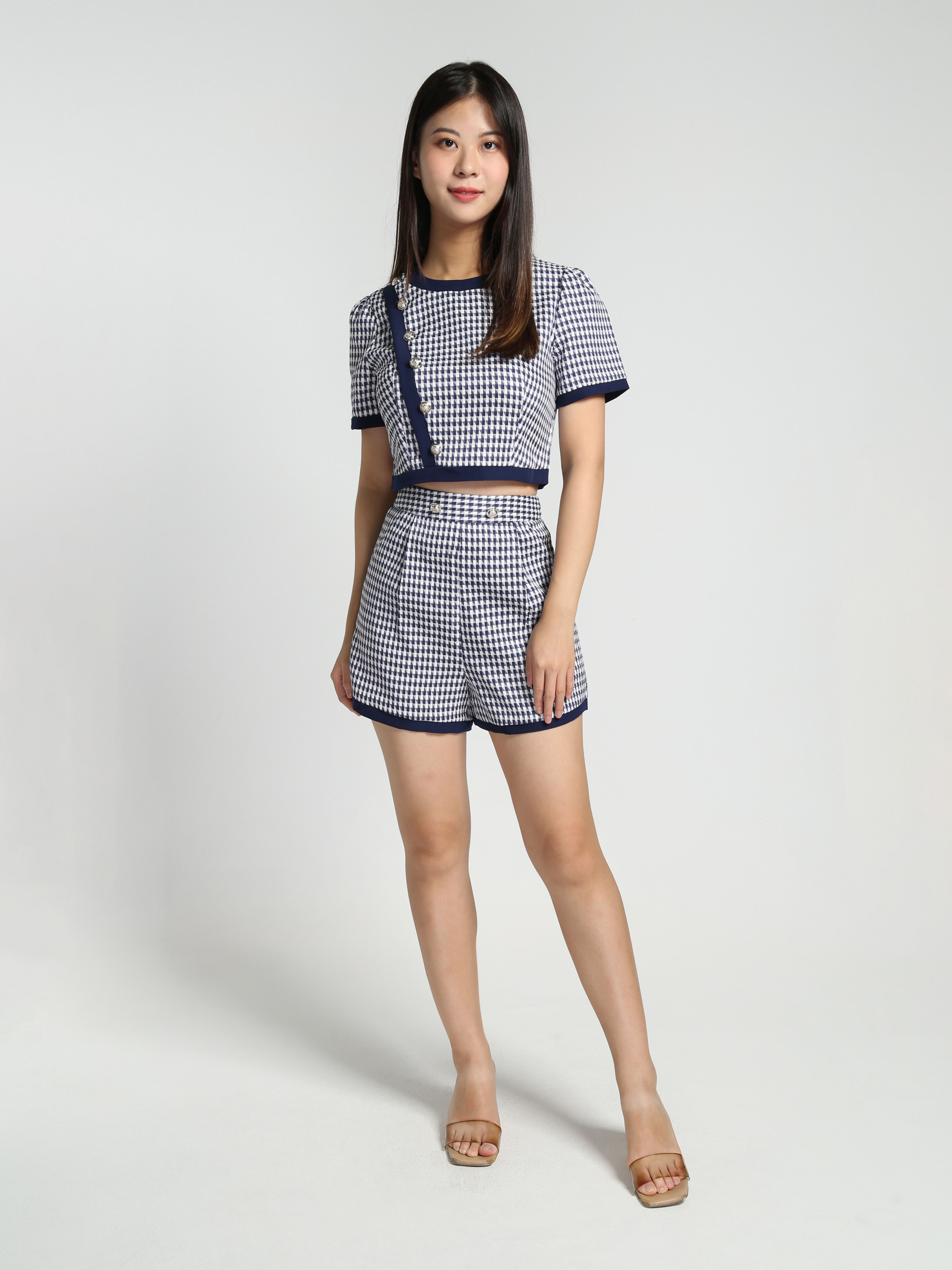Houndstooth With Sling Decorative Button Top With Short Pants Set 27840