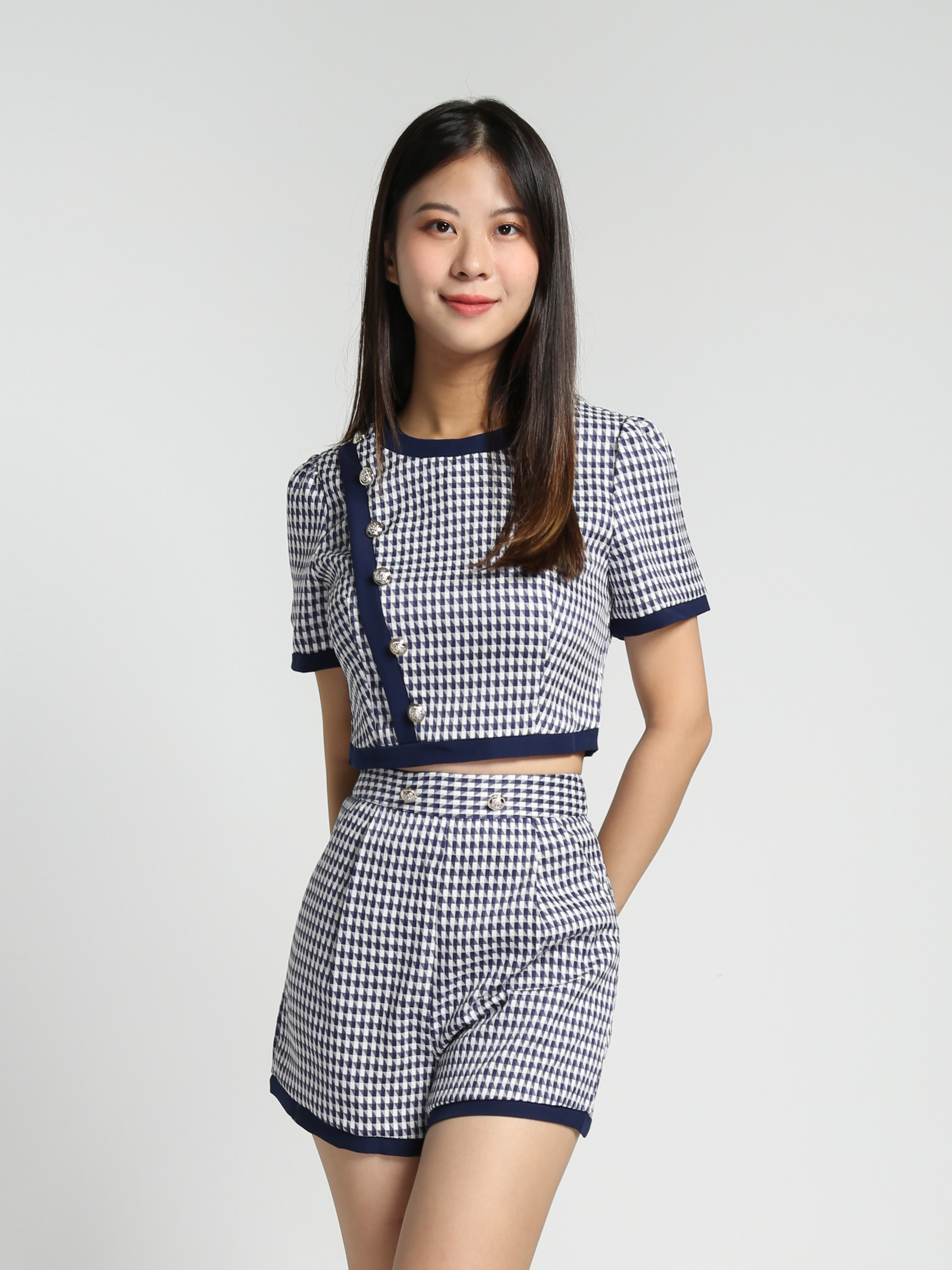 Houndstooth With Sling Decorative Button Top With Short Pants Set 27840