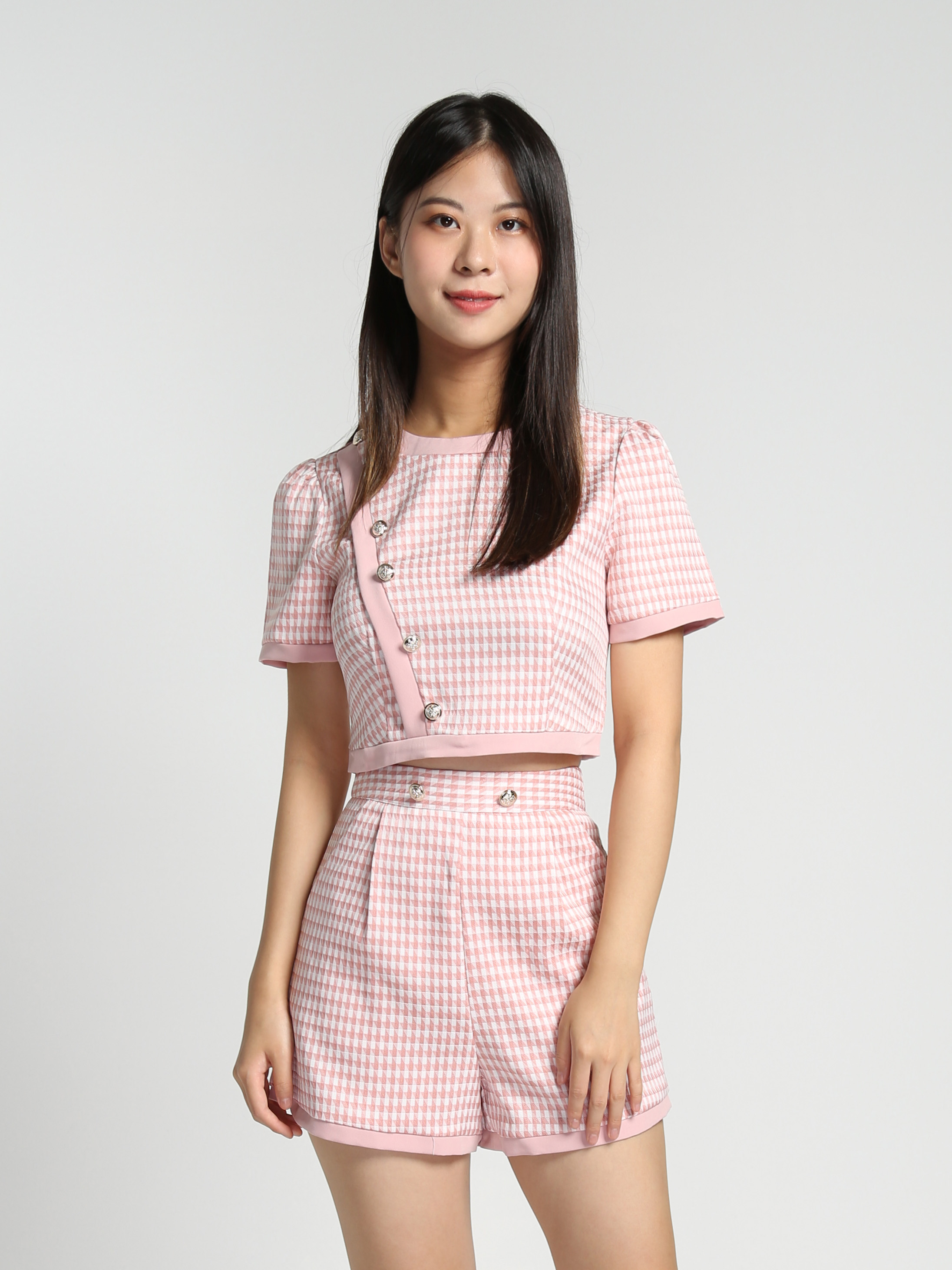 Houndstooth With Sling Decorative Button Top With Short Pants Set 27840