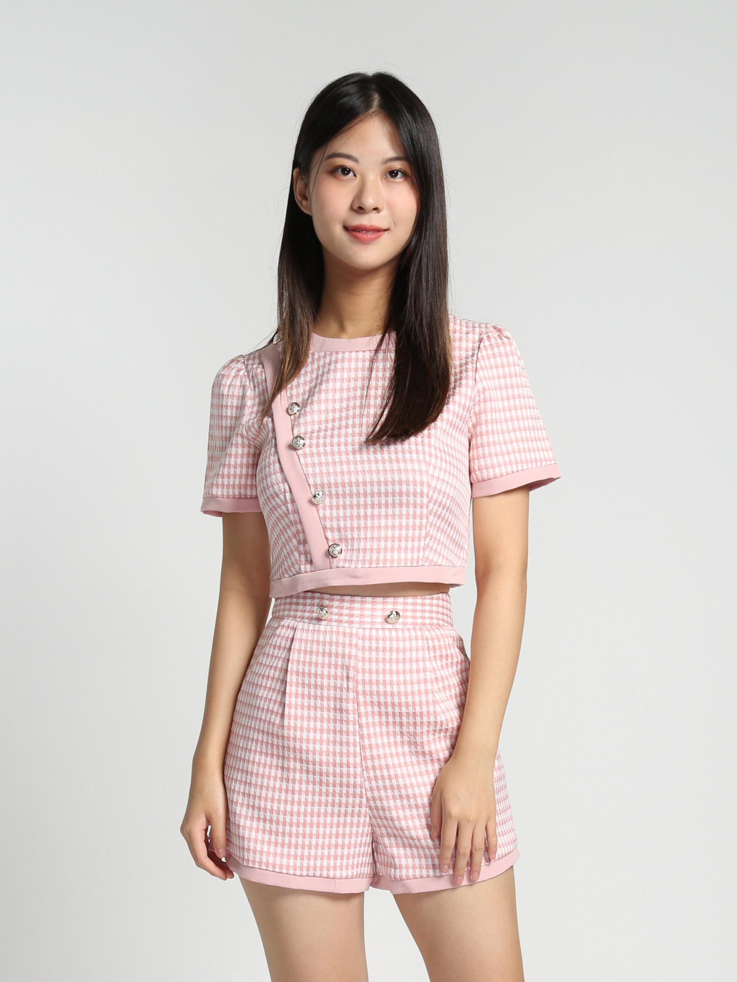 Houndstooth With Sling Decorative Button Top With Short Pants Set 2784