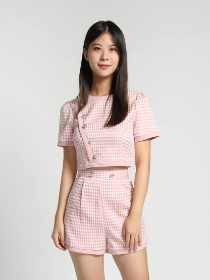 Houndstooth With Sling Decorative Button Top With Short Pants Set 27840