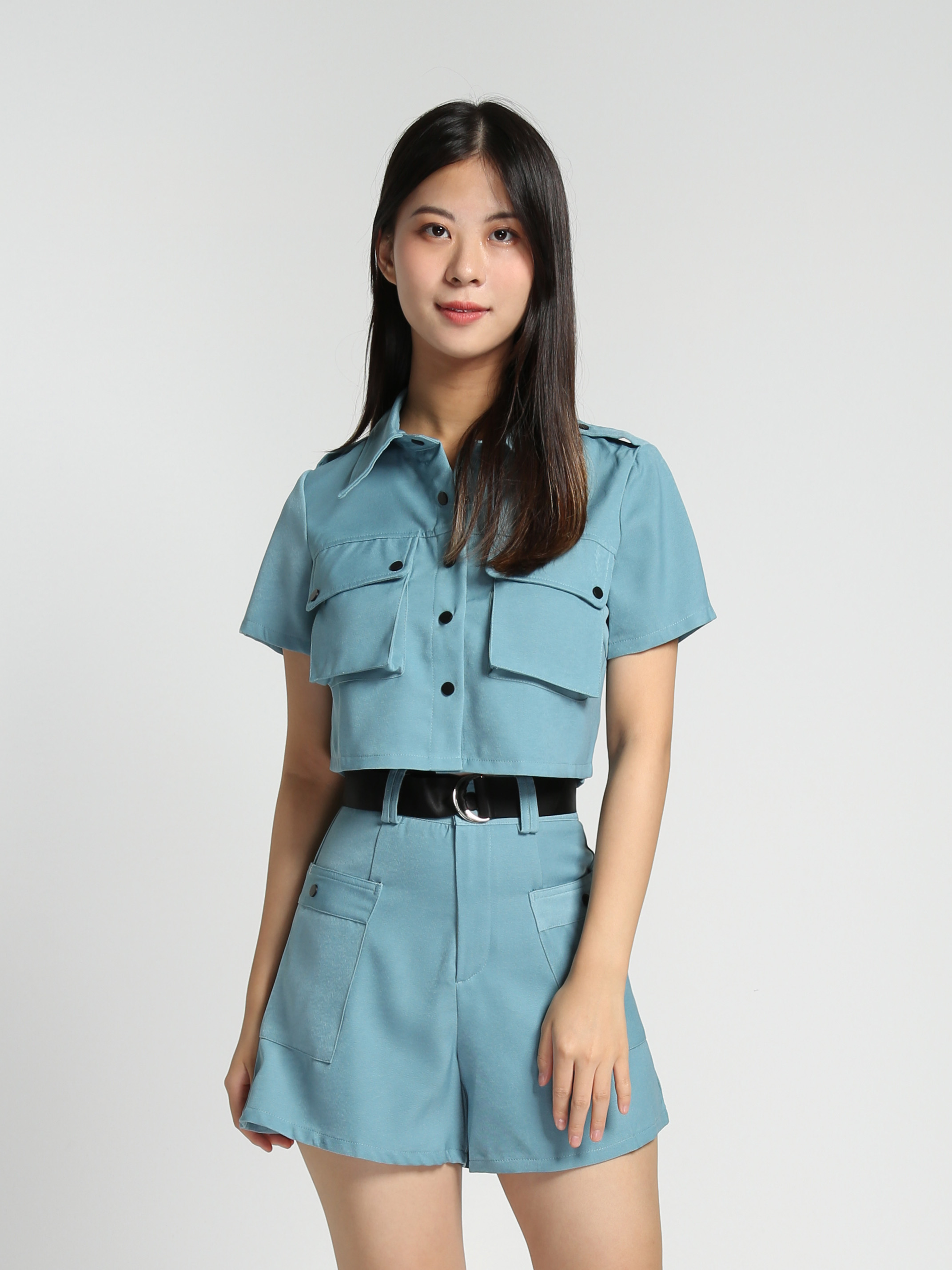 Short Sleeve Front Button Top With Side Pocket Short Pants With Belt Set 27841