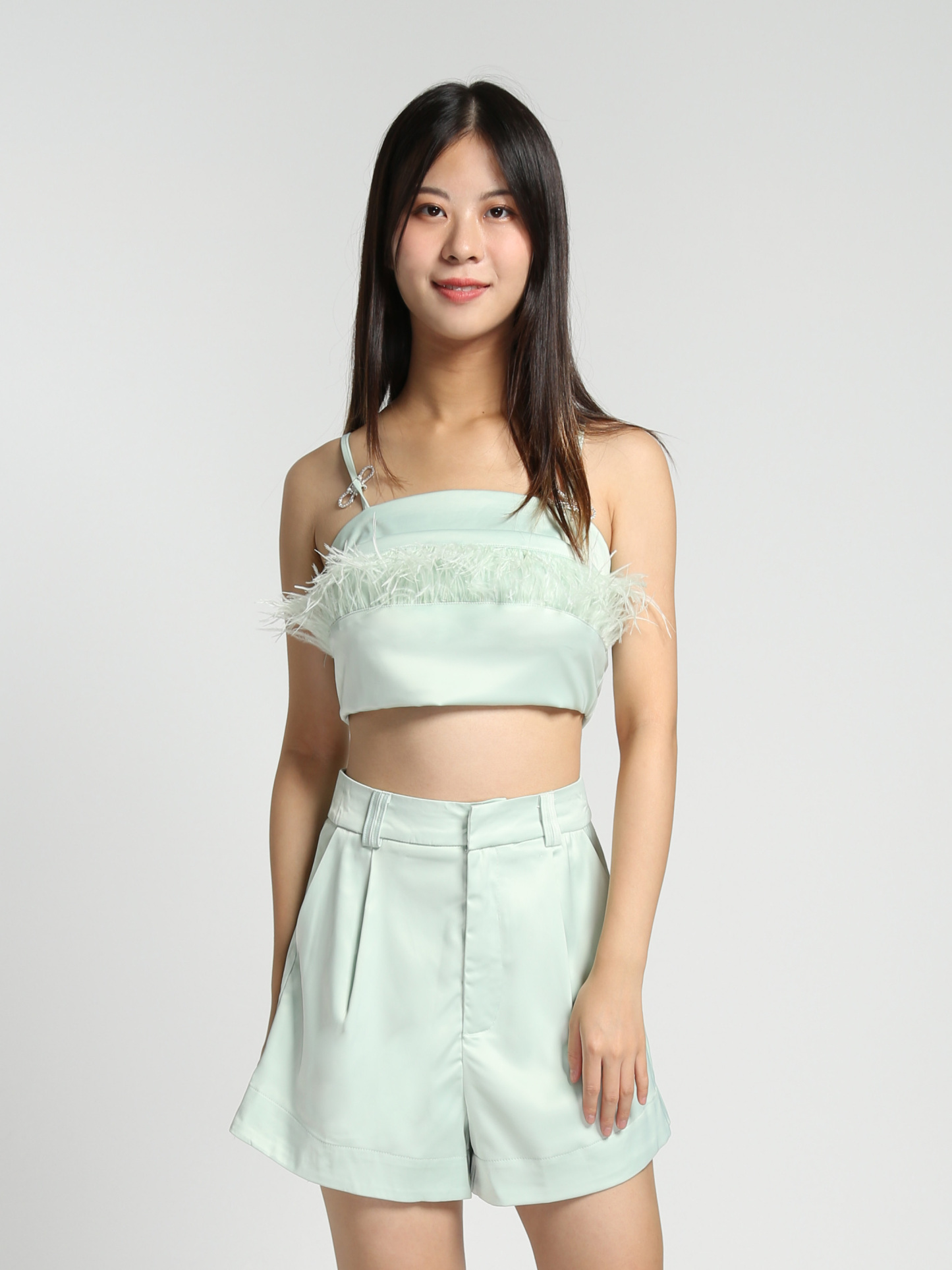 Sleeveless With Fur Top With Short Pants Set 27843