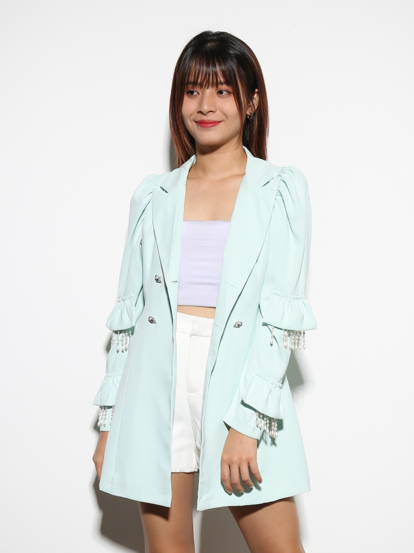 Formal Sleeve Ruffles With Deocrative Pearl Tassel Blazer 27874