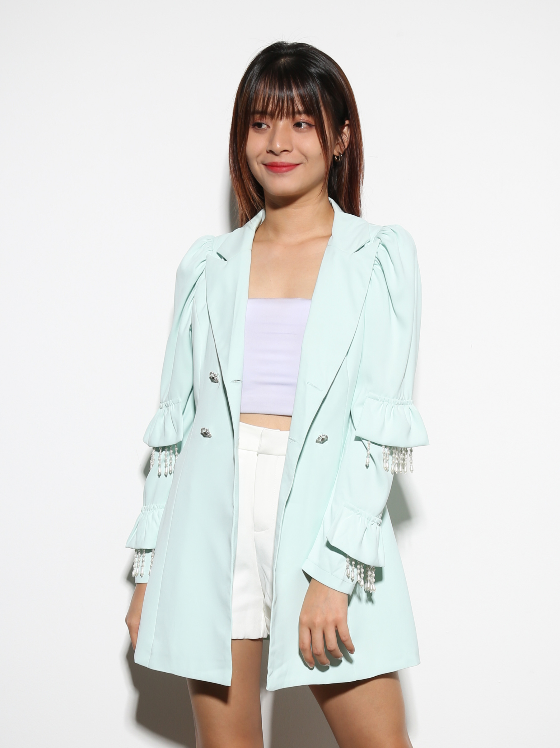 Formal Sleeve Ruffles With Deocrative Pearl Tassel Blazer 27874