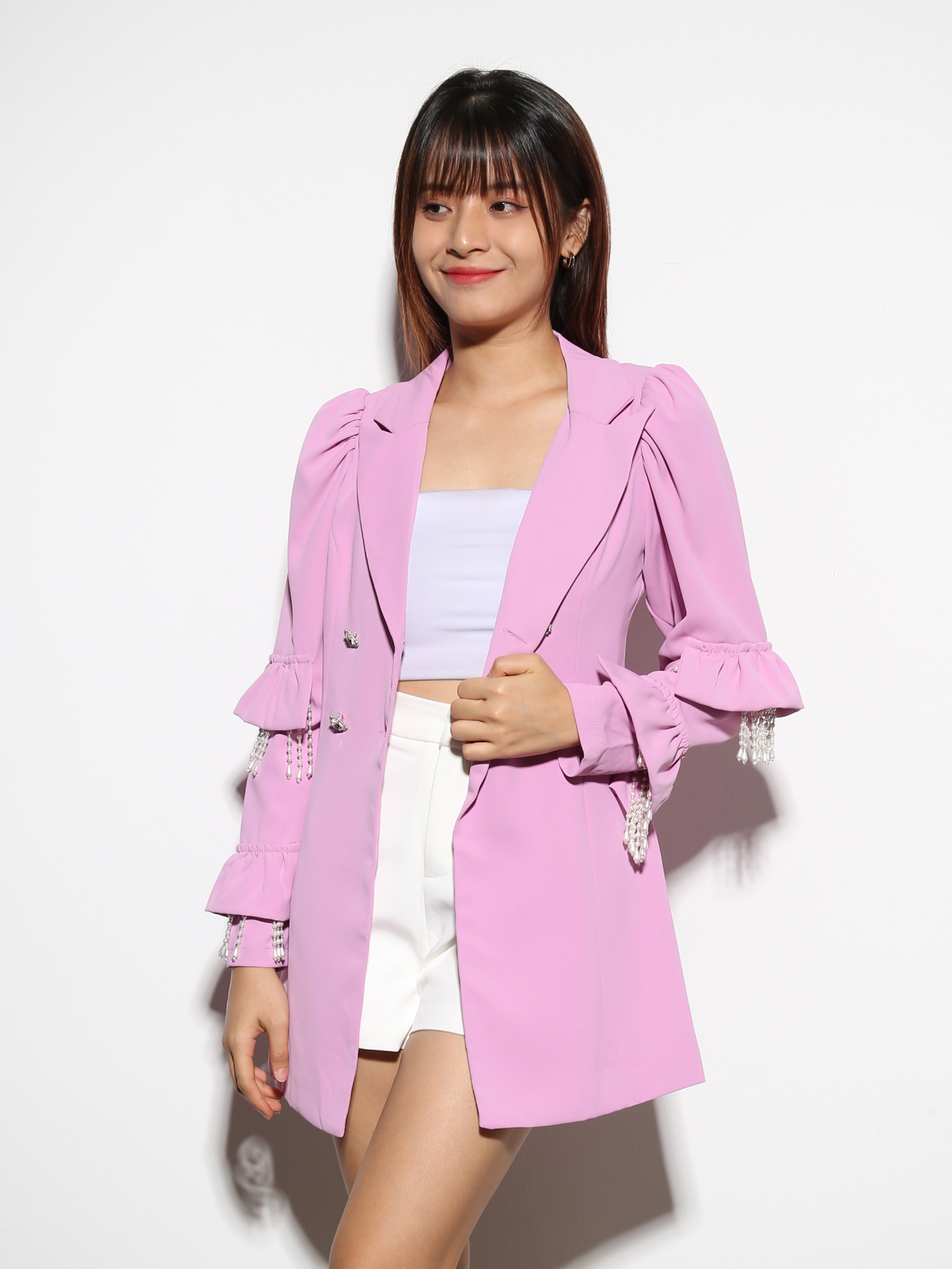Formal Sleeve Ruffles With Deocrative Pearl Tassel Blazer 27874