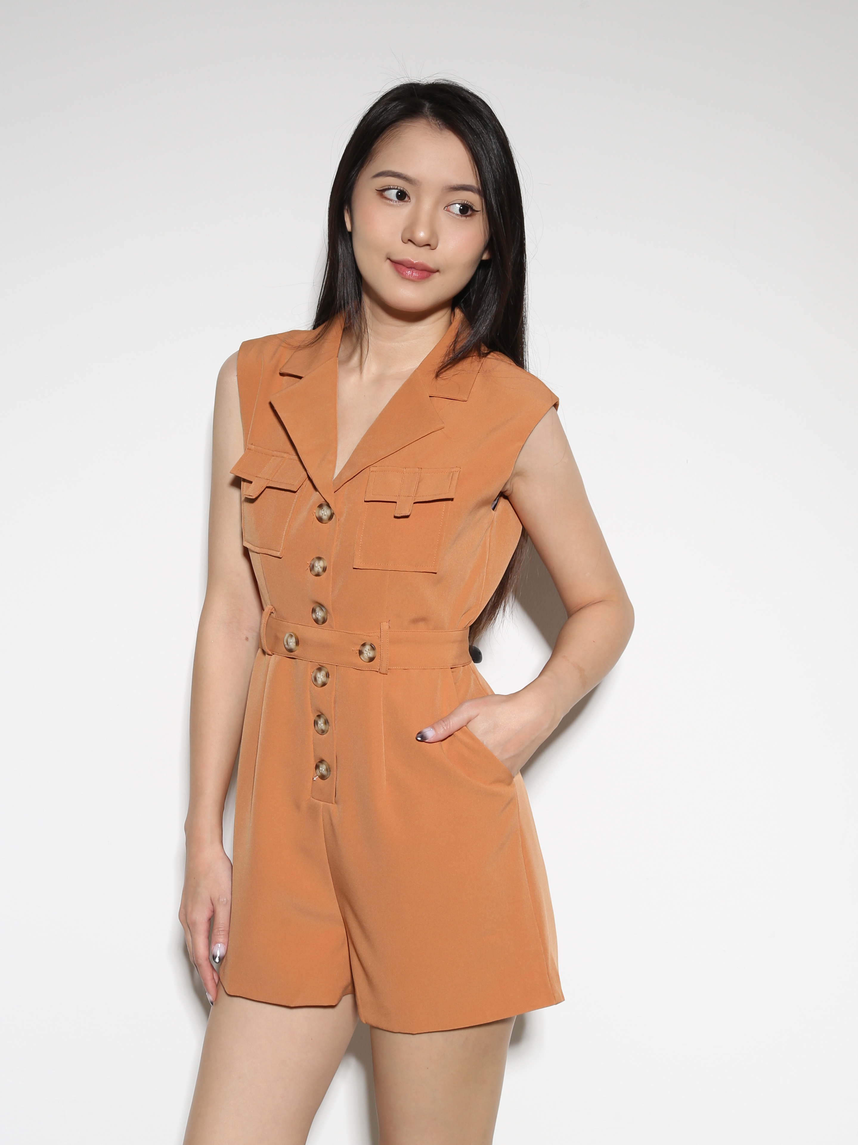 Sleeveless Front Button Jumpsuit With Belt 27912