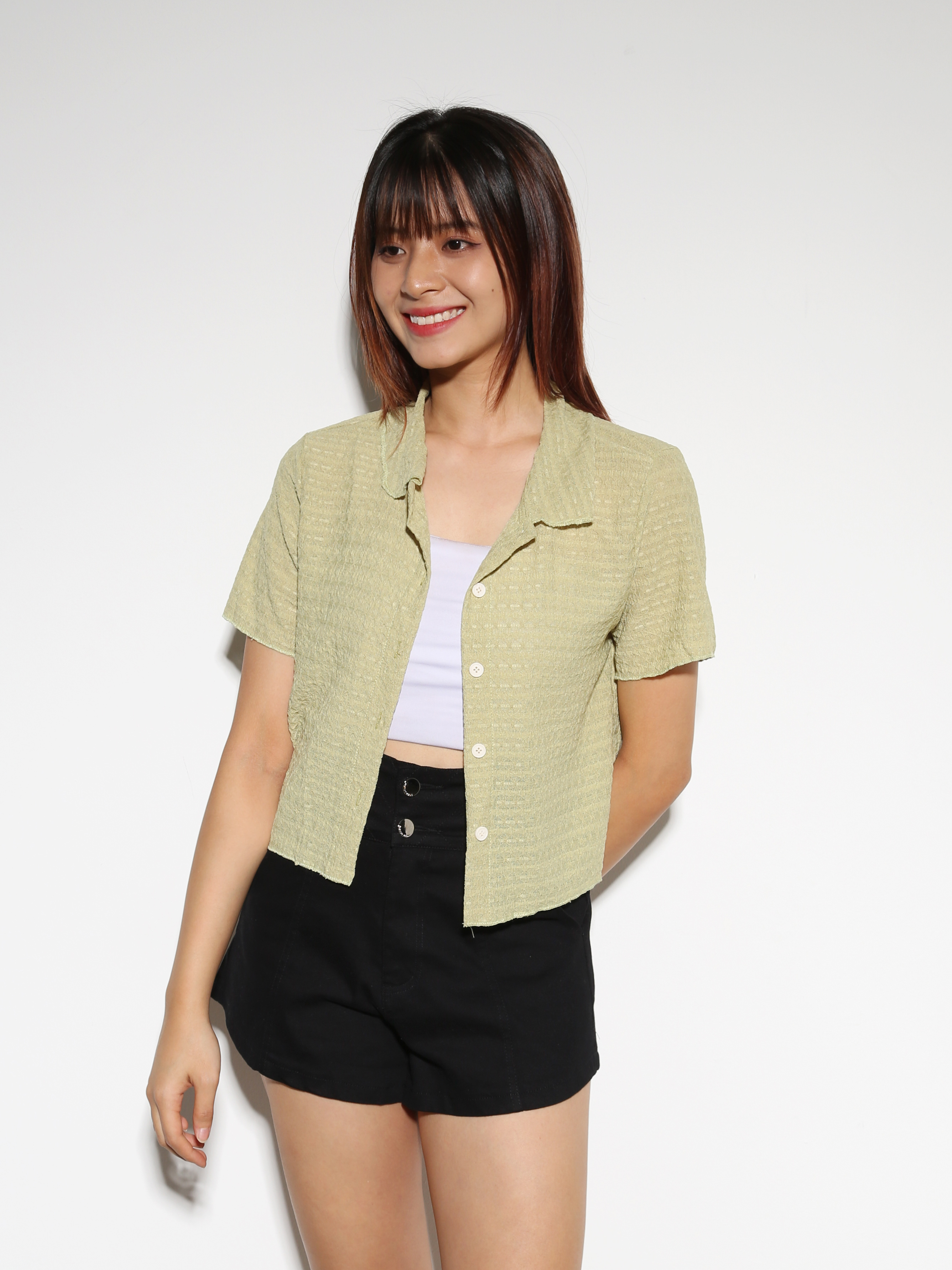 Wrinkled Front Button Short Sleeve Top 27260