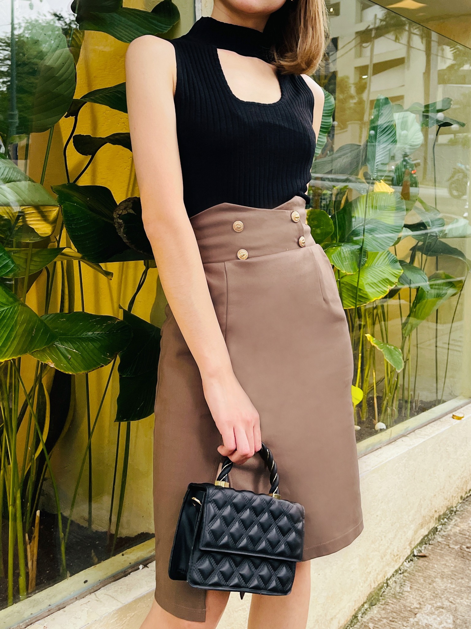 High Waist Decorative Button Slit Skirt 21069