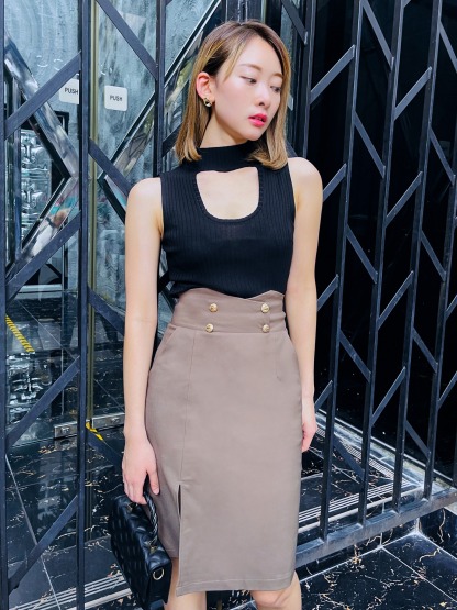 High Waist Decorative Button Slit Skirt 21069