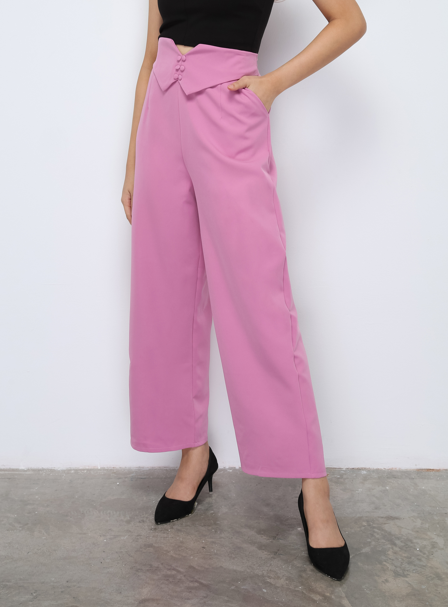 High Waist Back Zip Side Pocket Long Pants 28095
