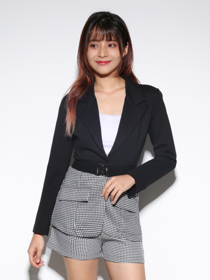 Formal Long Sleeve Blazer With Houndstooth Short Pants Set 28254