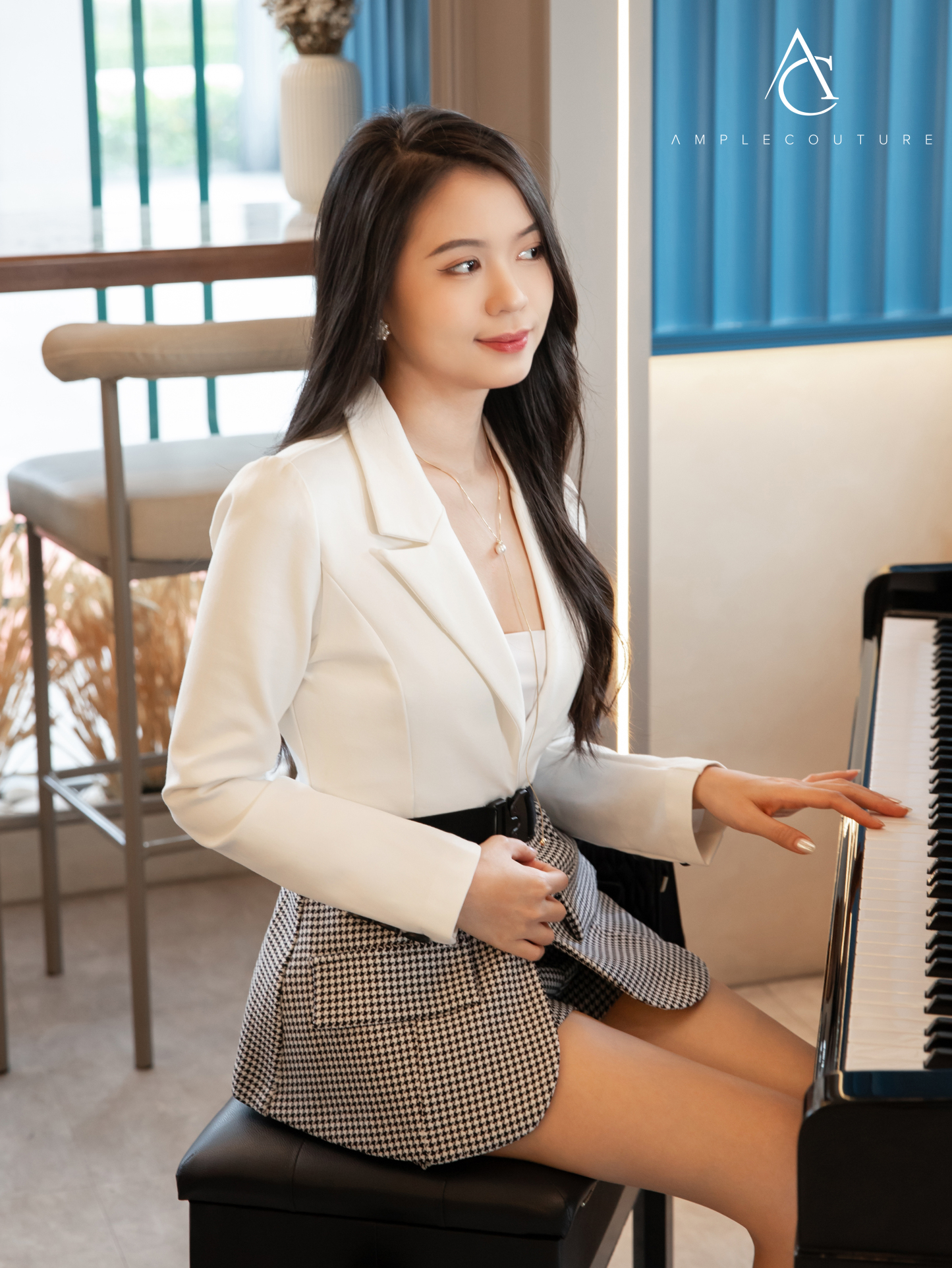 Formal Long Sleeve Blazer With Houndstooth Short Pants Set 28254