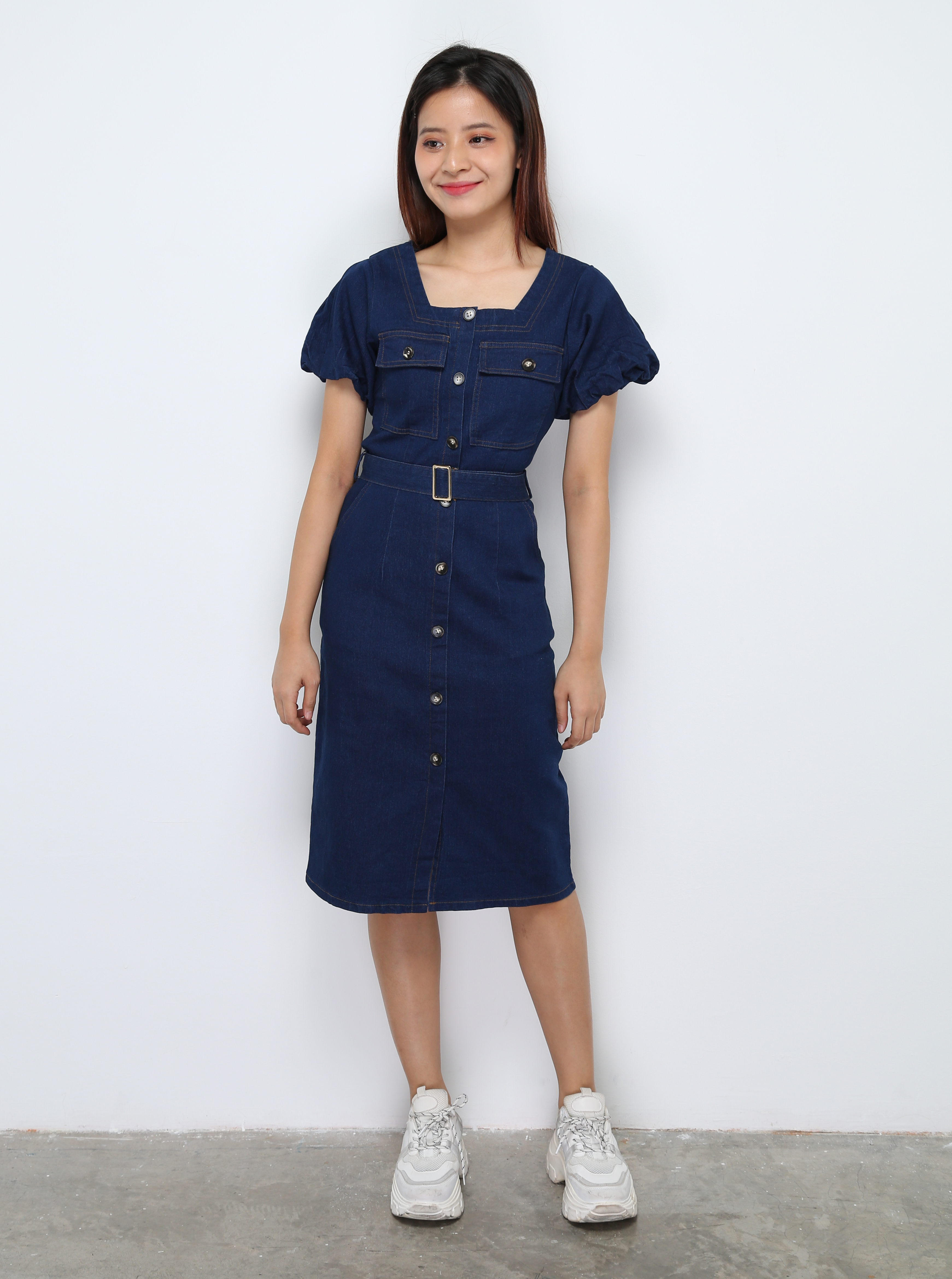 Denim Square NeckFront Decorative Button Dress 28512