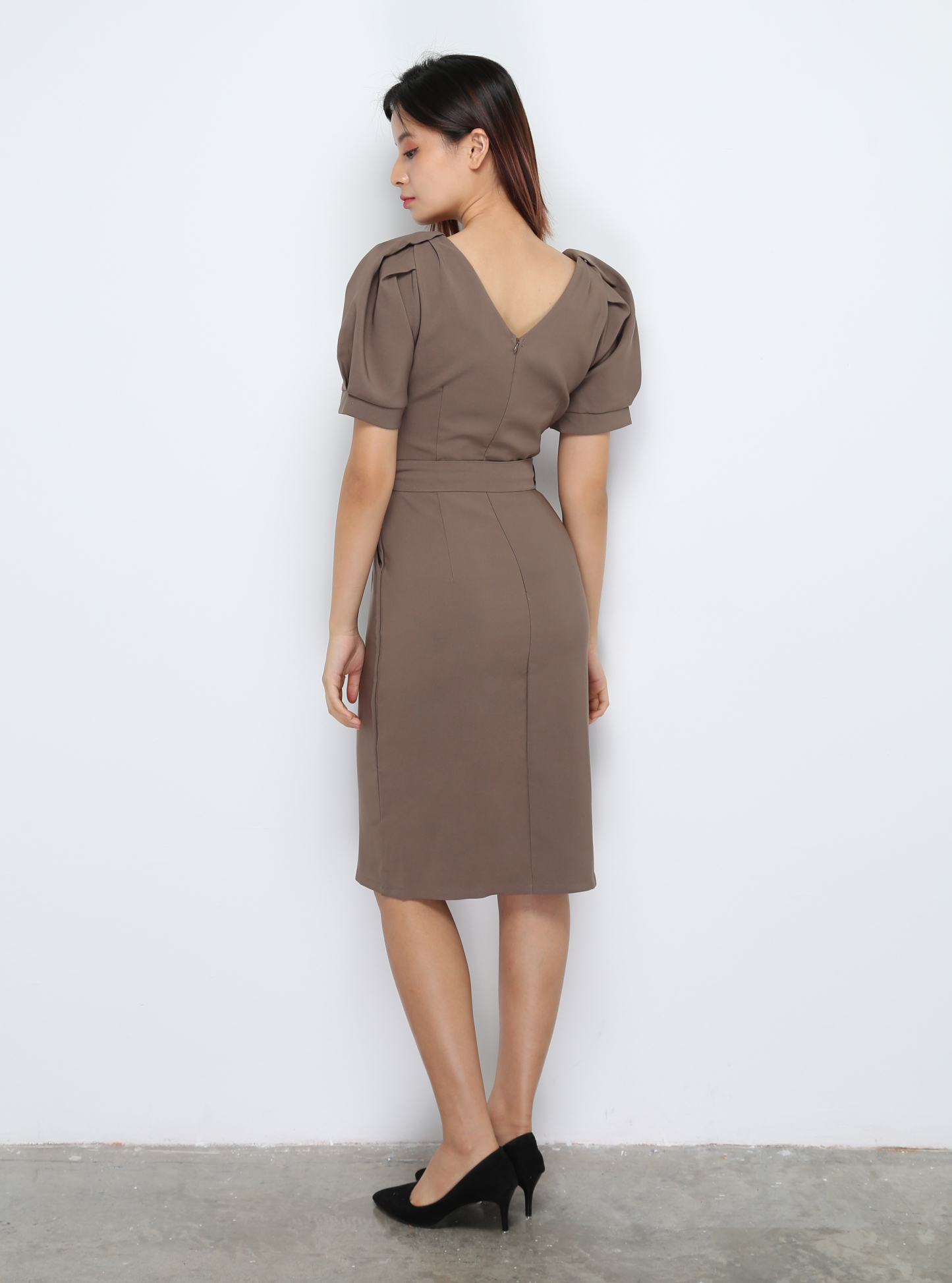 V Neck Piff Sleeve With Belt Dress 28513