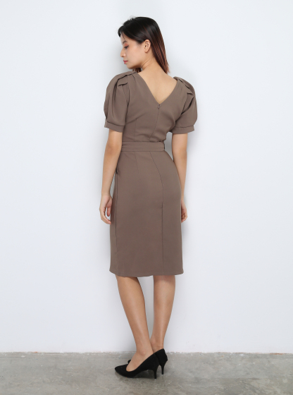 V Neck Piff Sleeve With Belt Dress 28513