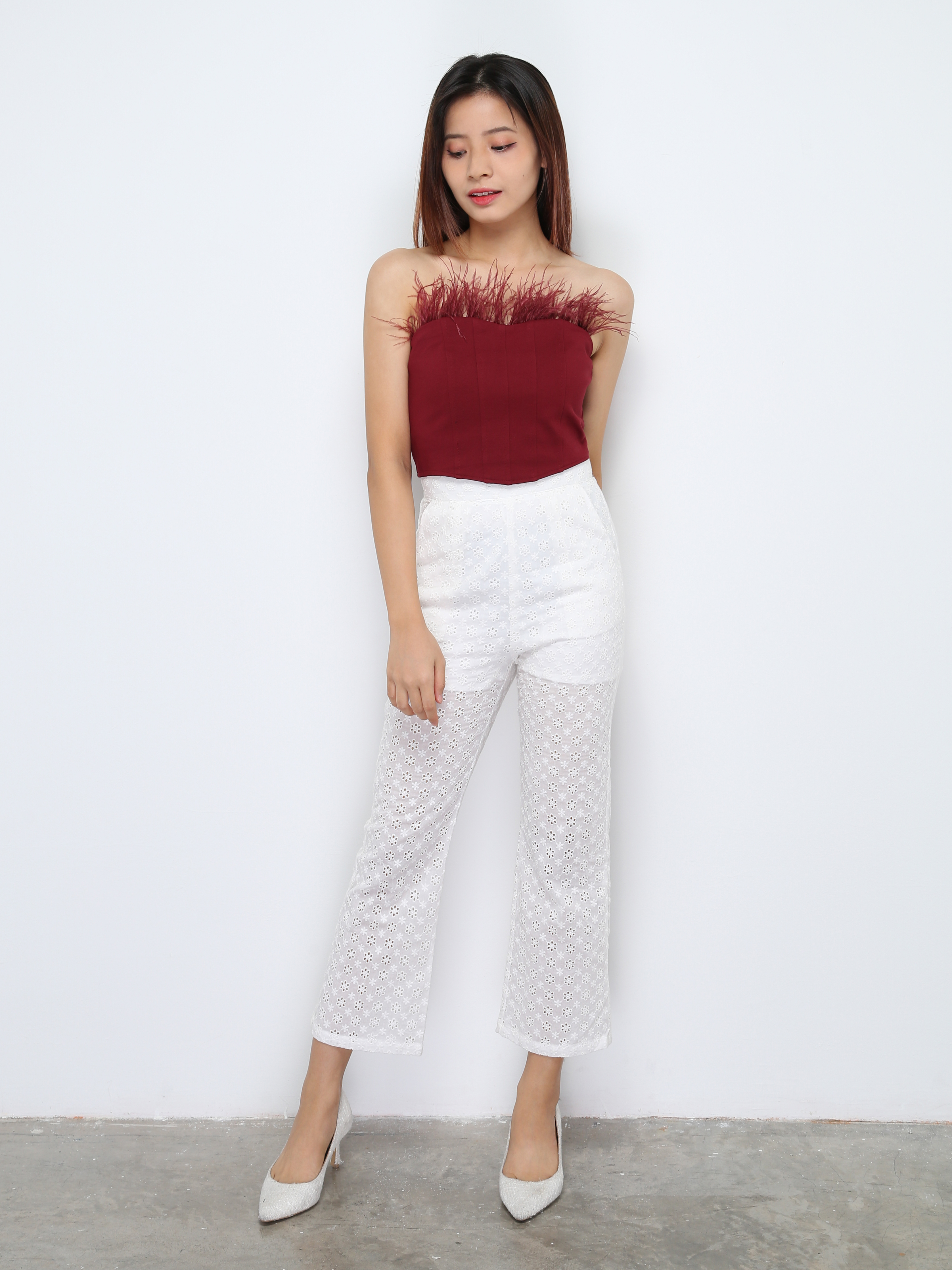 High Waist Floral Eyelet Long Pants 28528