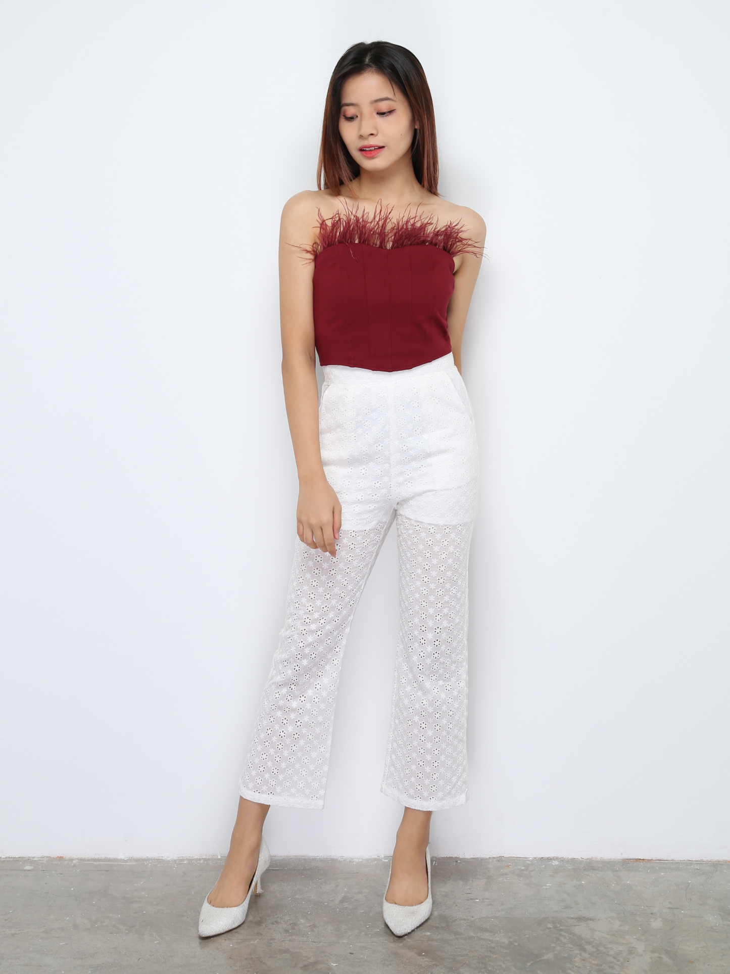 High Waist Floral Eyelet Long Pants 28528