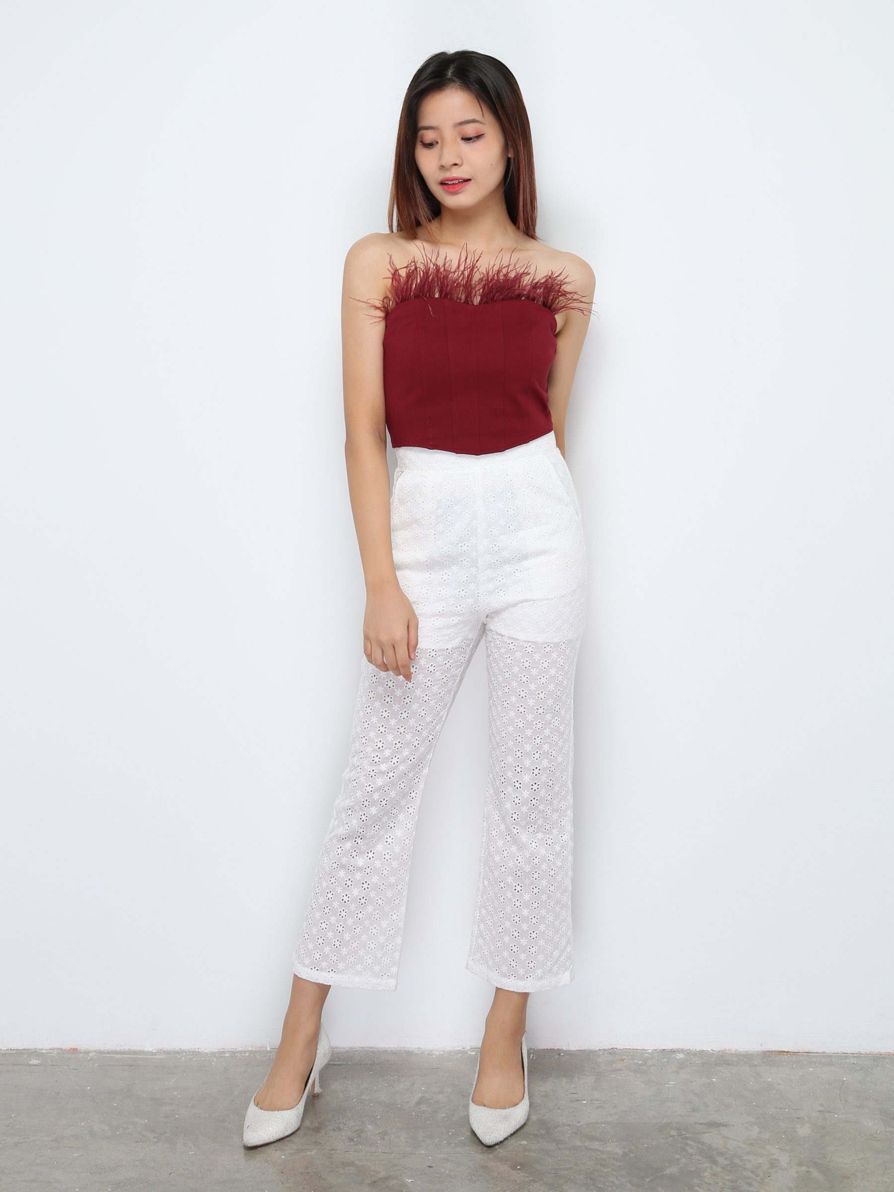 High Waist Floral Eyelet Long Pants 28528