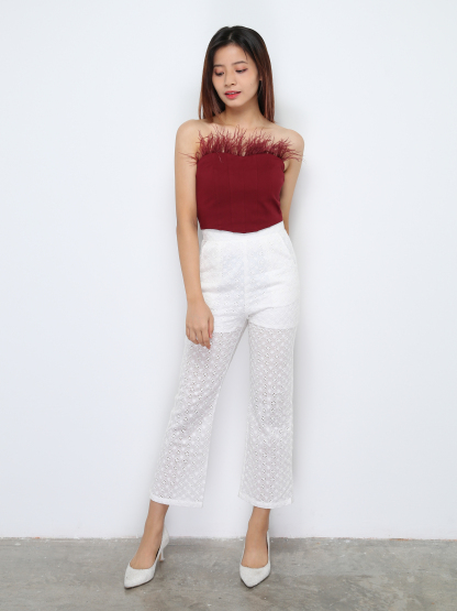 High Waist Floral Eyelet Long Pants 28528