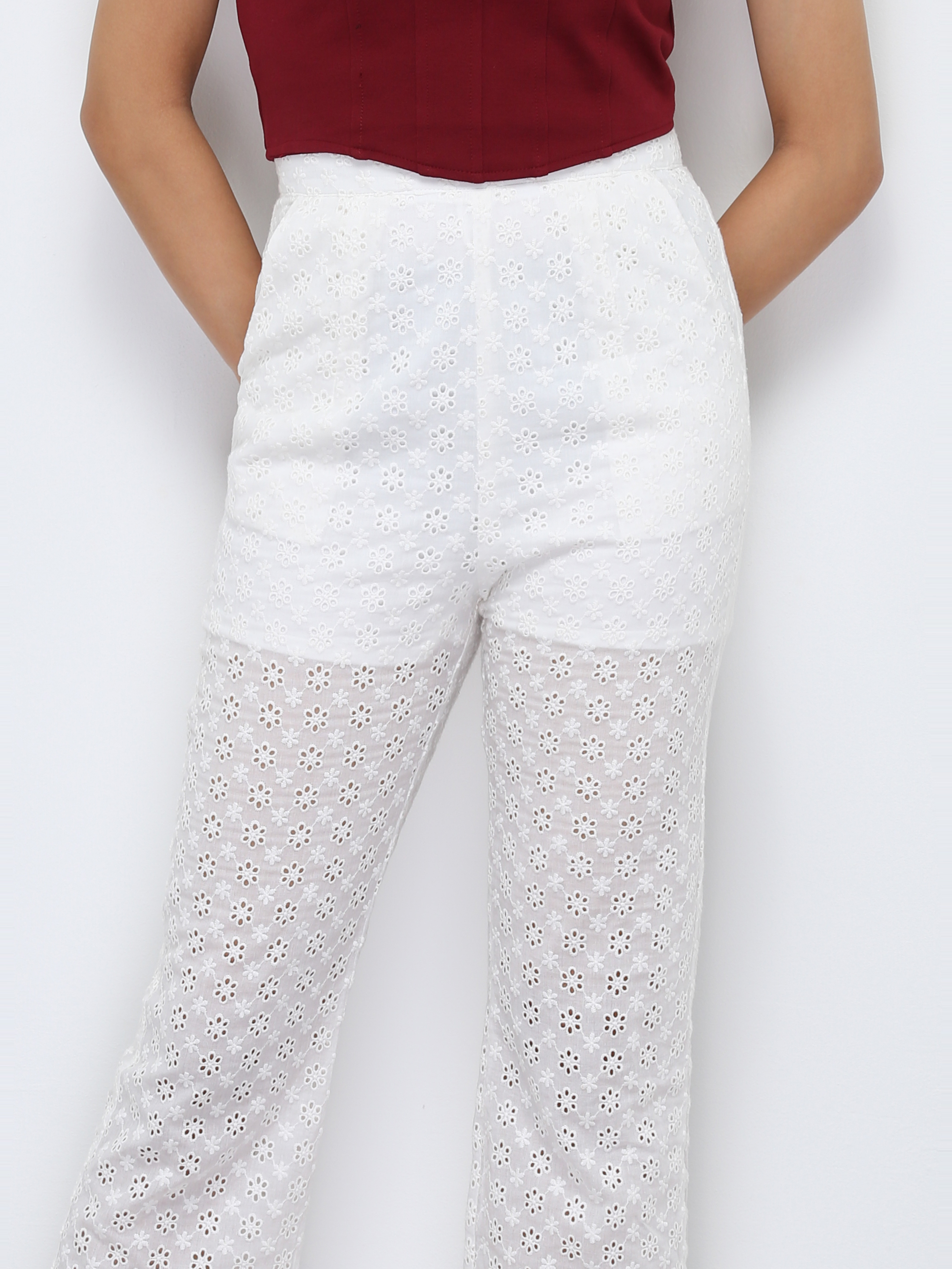 High Waist Floral Eyelet Long Pants 28528