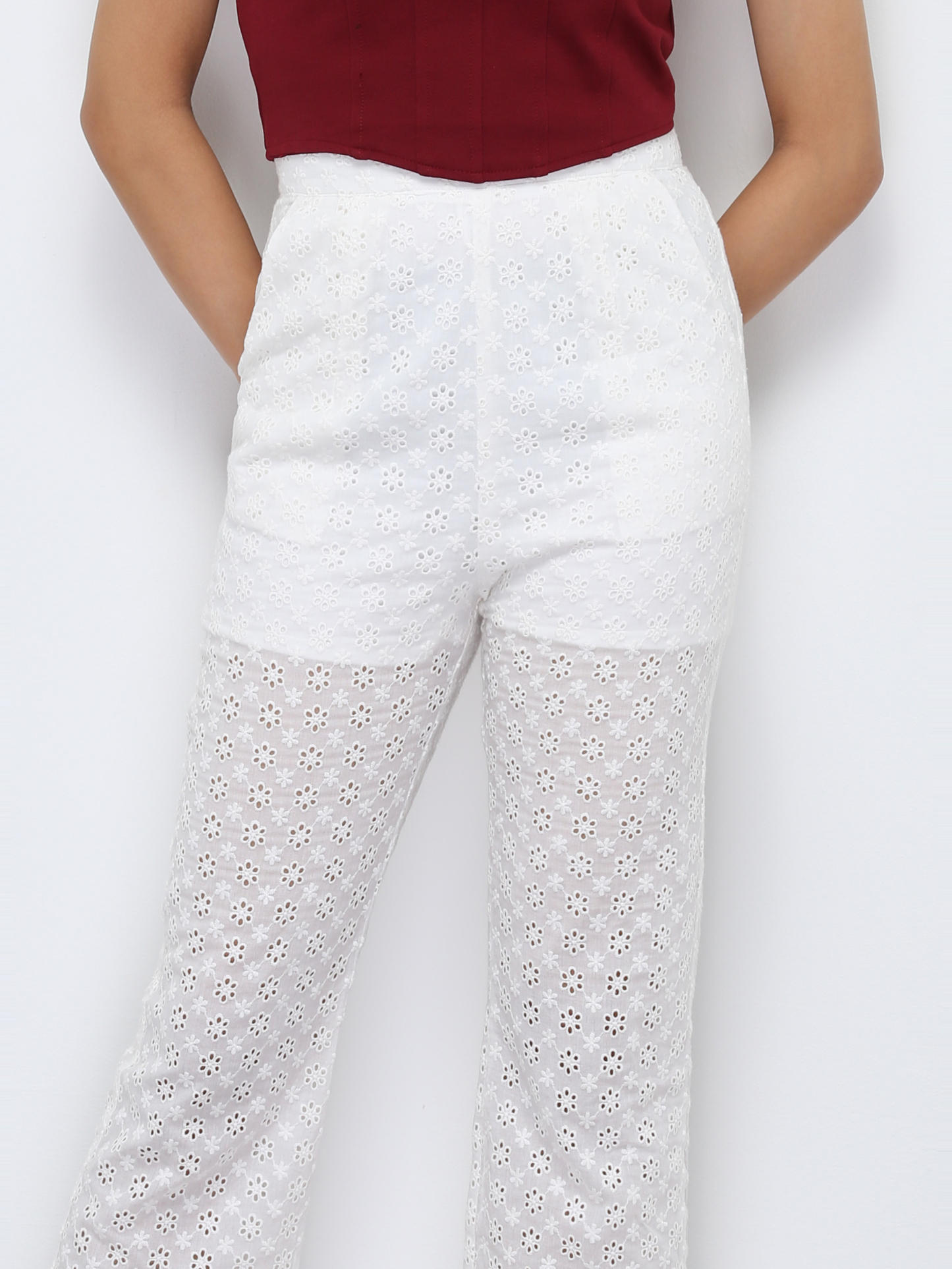 High Waist Floral Eyelet Long Pants 28528
