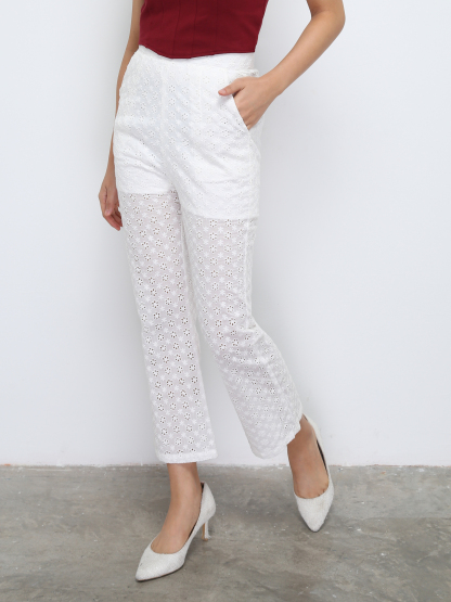 High Waist Floral Eyelet Long Pants 28528