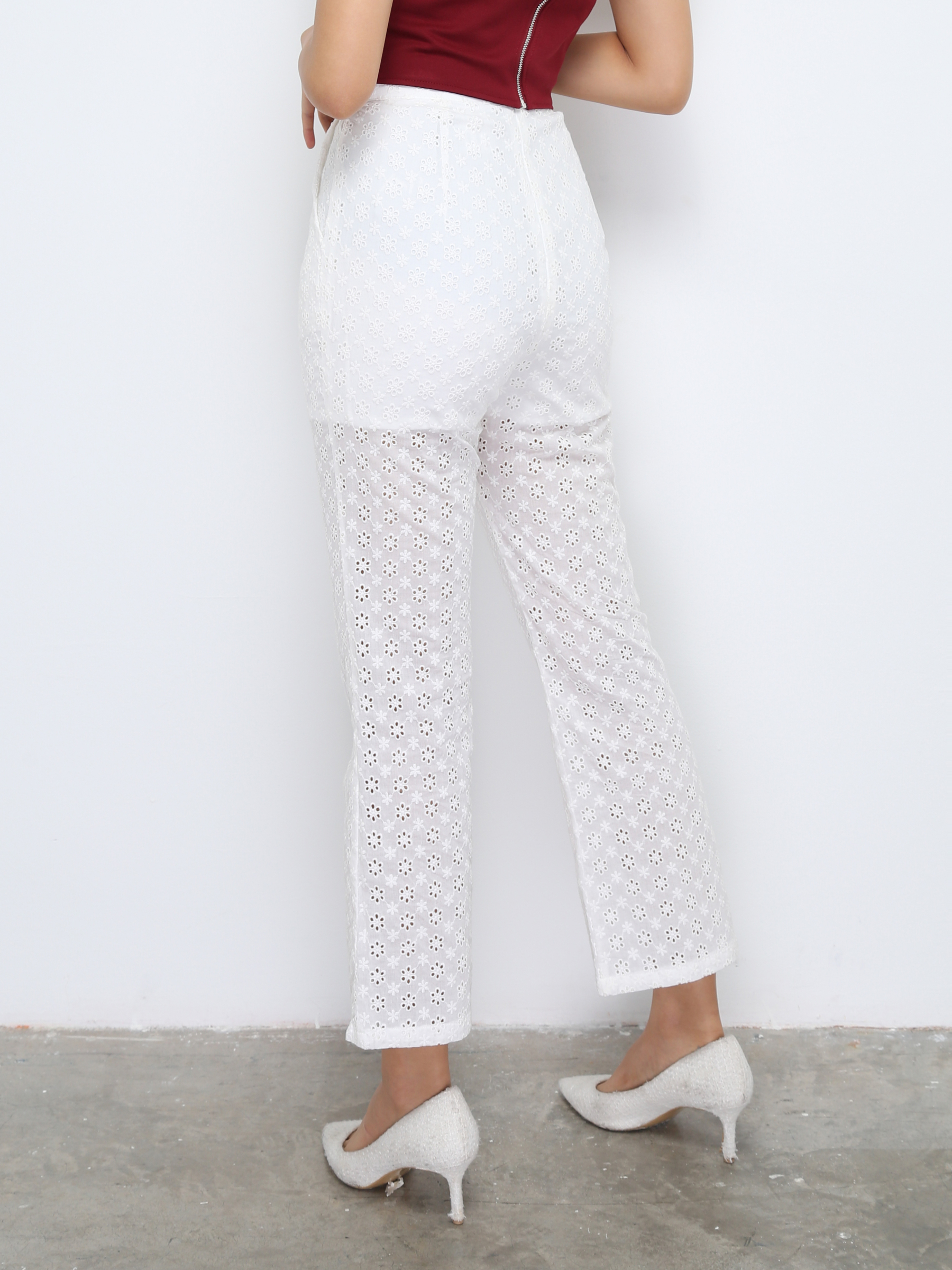 High Waist Floral Eyelet Long Pants 28528