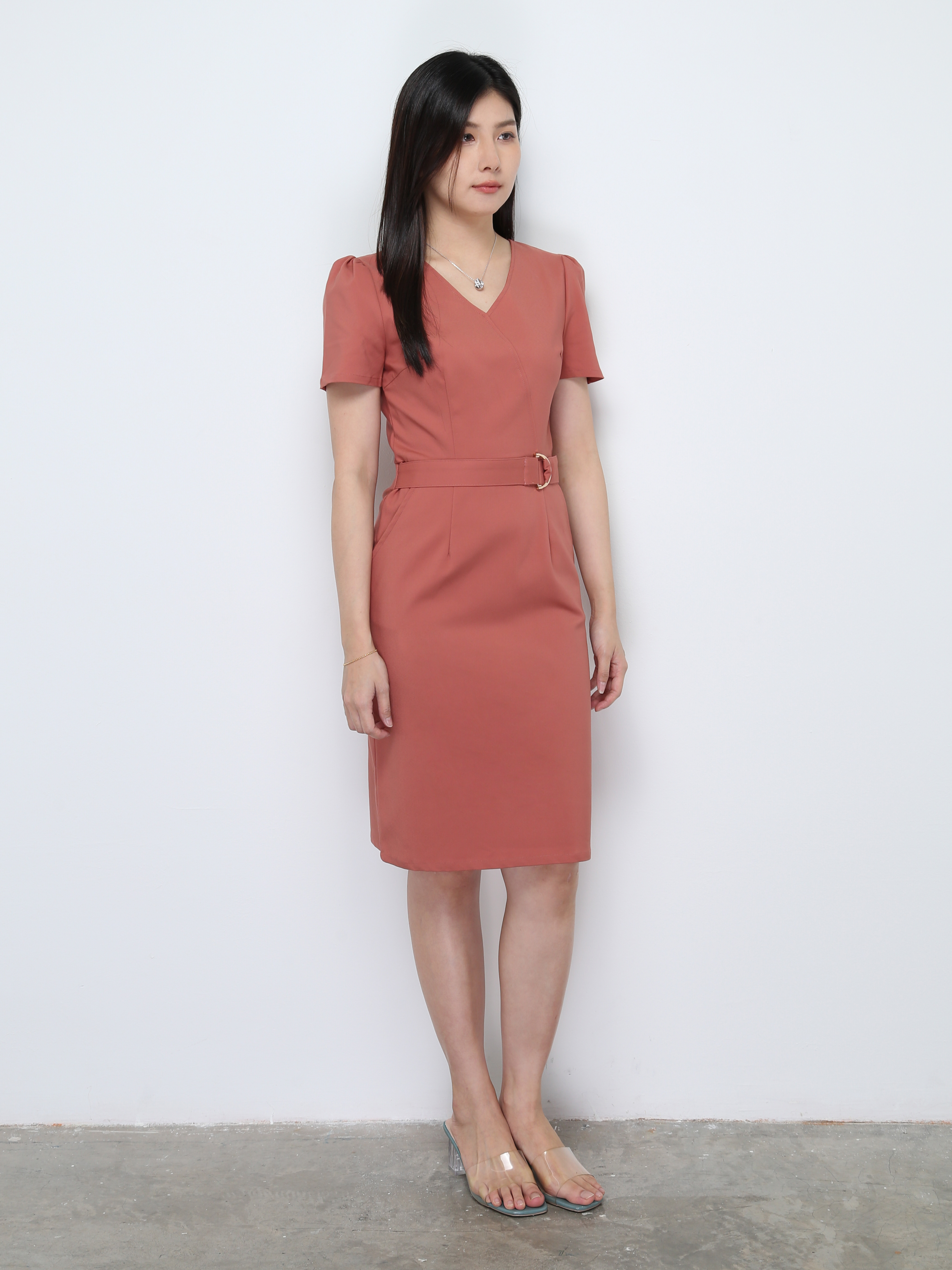 Formal V Neck With Belt Dress 28659