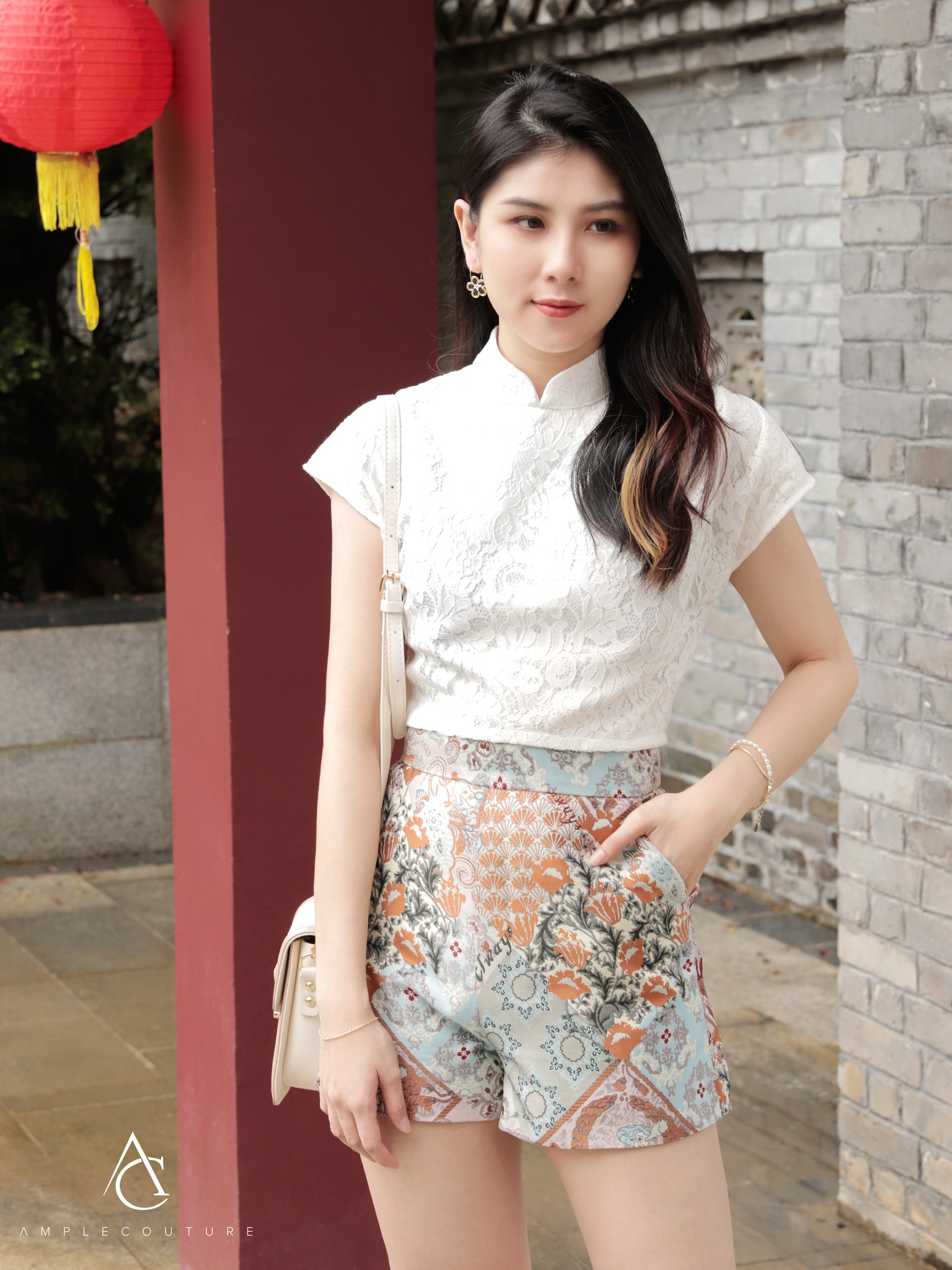 Cheongsam Cap Sleeve Top With Abstract Floral Short Pants Set 24054