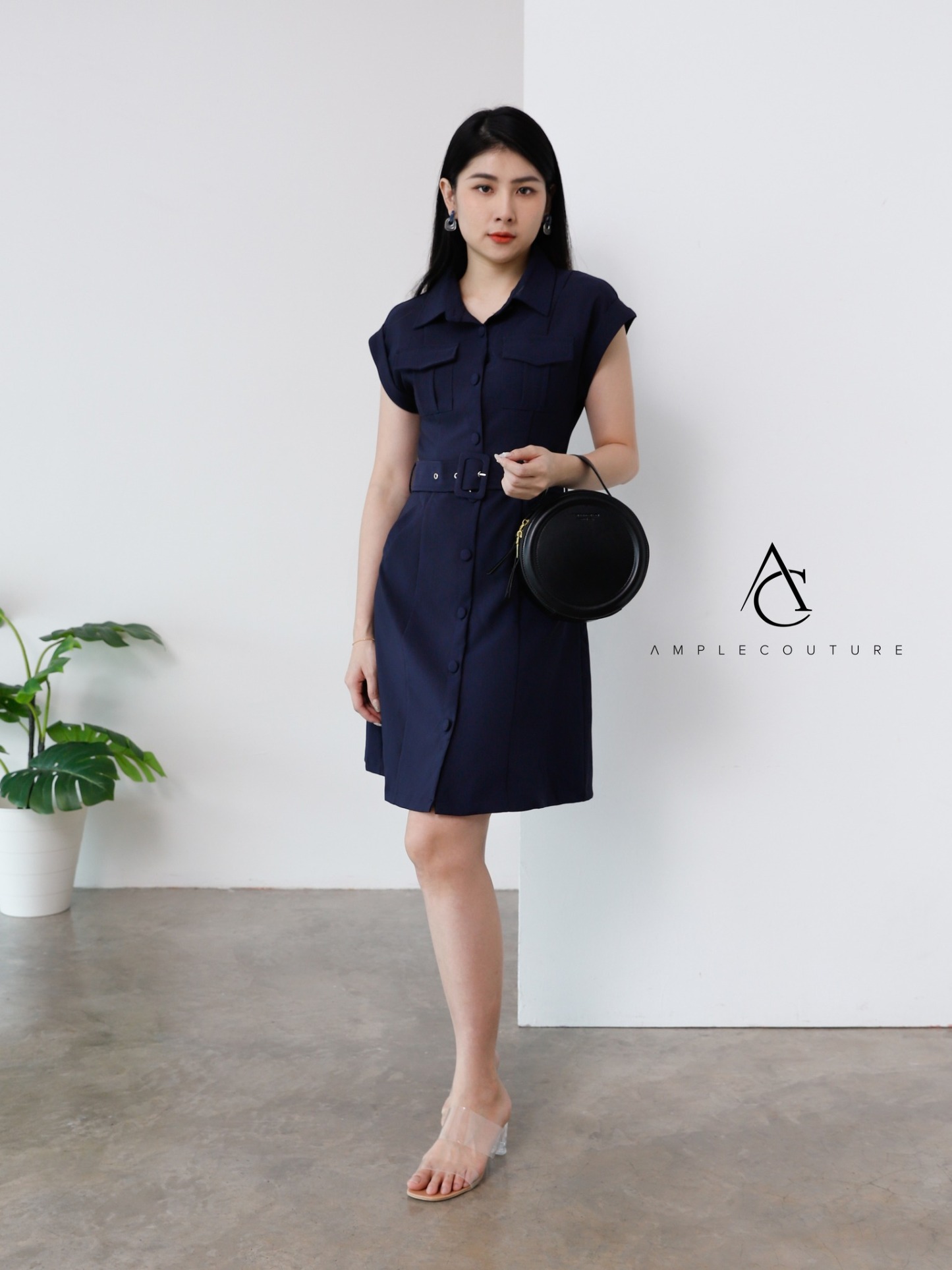 Cap Sleeve Front Button With Belt Dress AC042