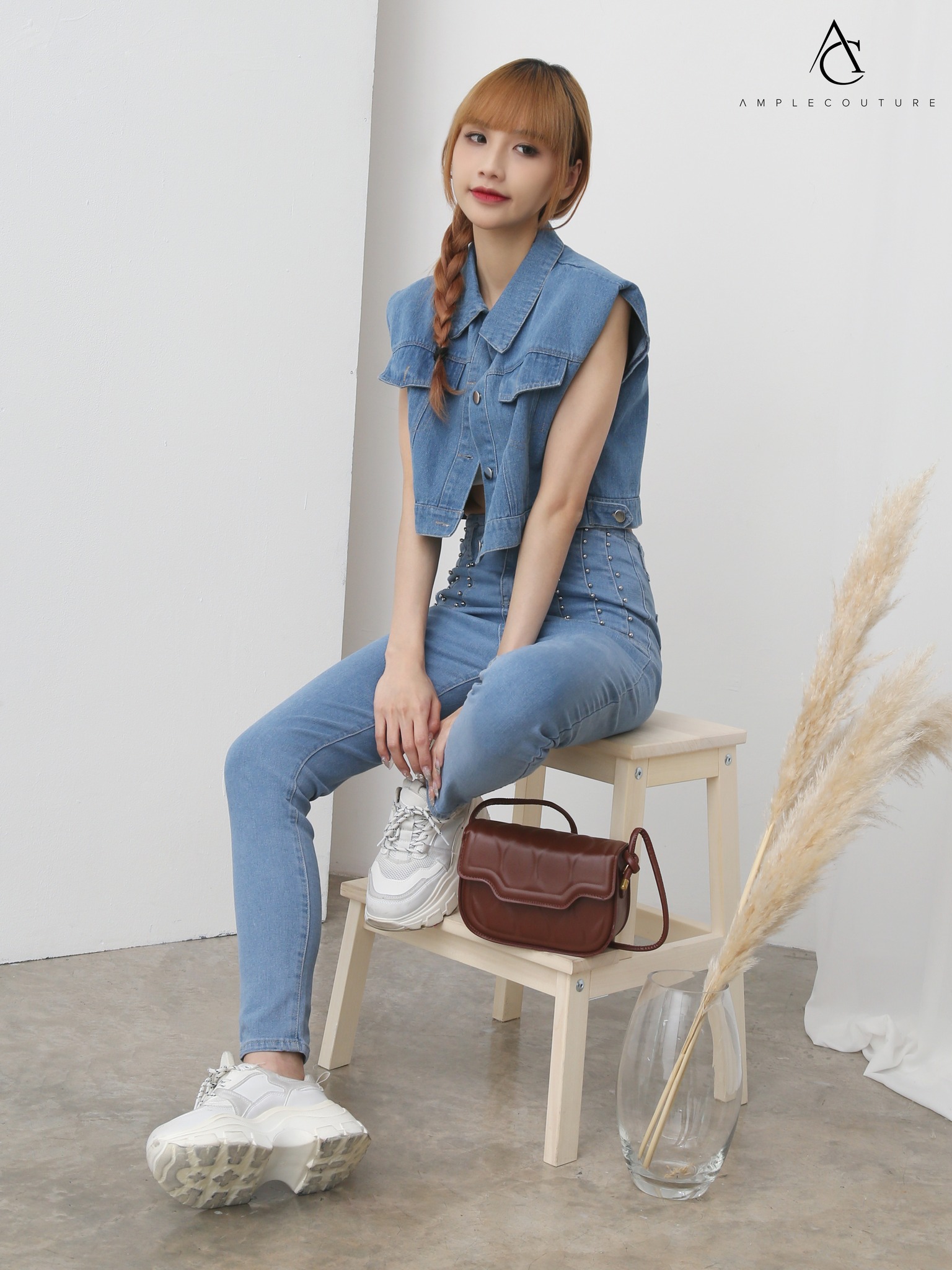 High Waist Denim Side Decorative Pearl Long Pants 25056