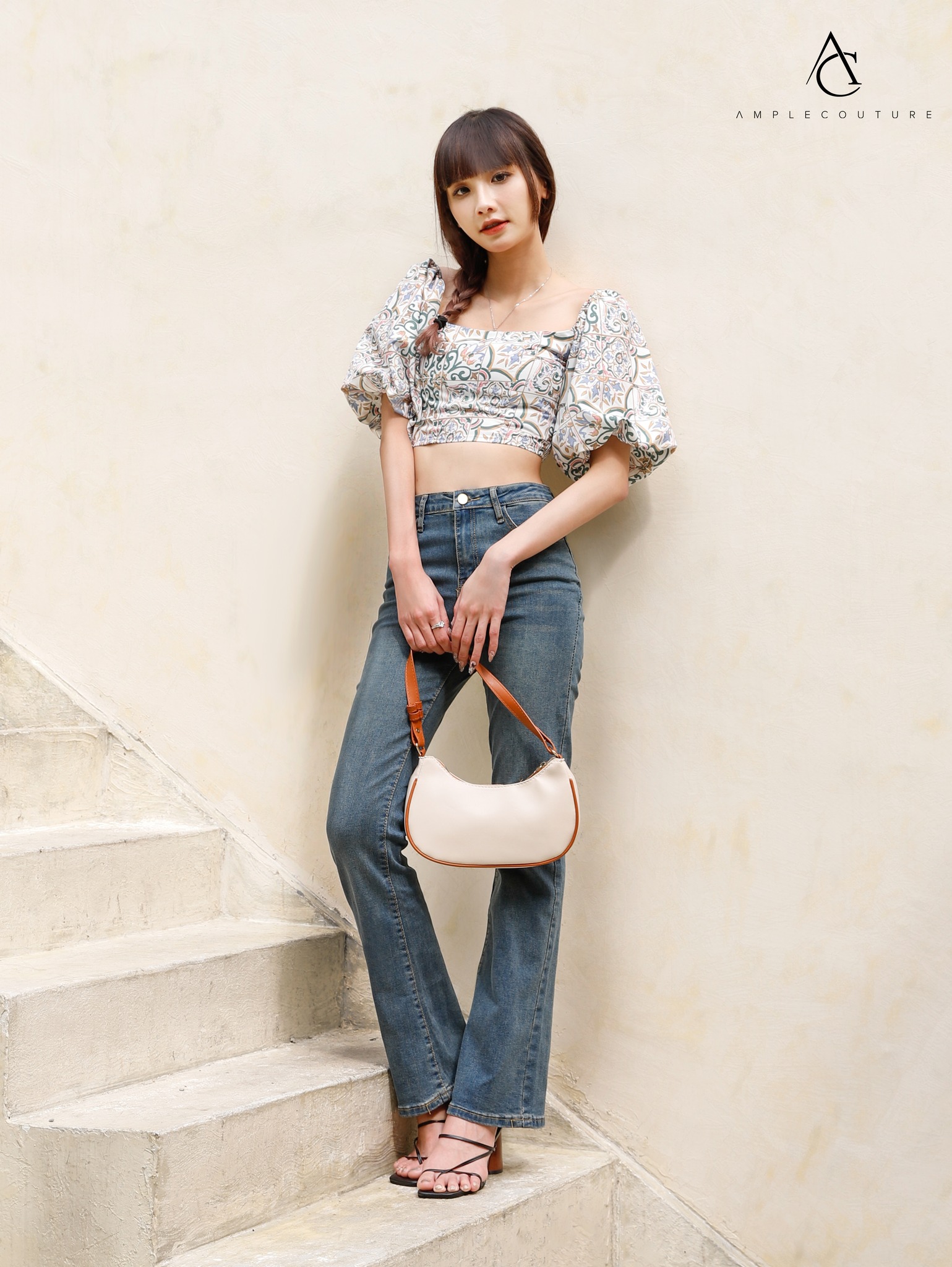 Off Shoulder Puff Sleeve Abstract Top 22514