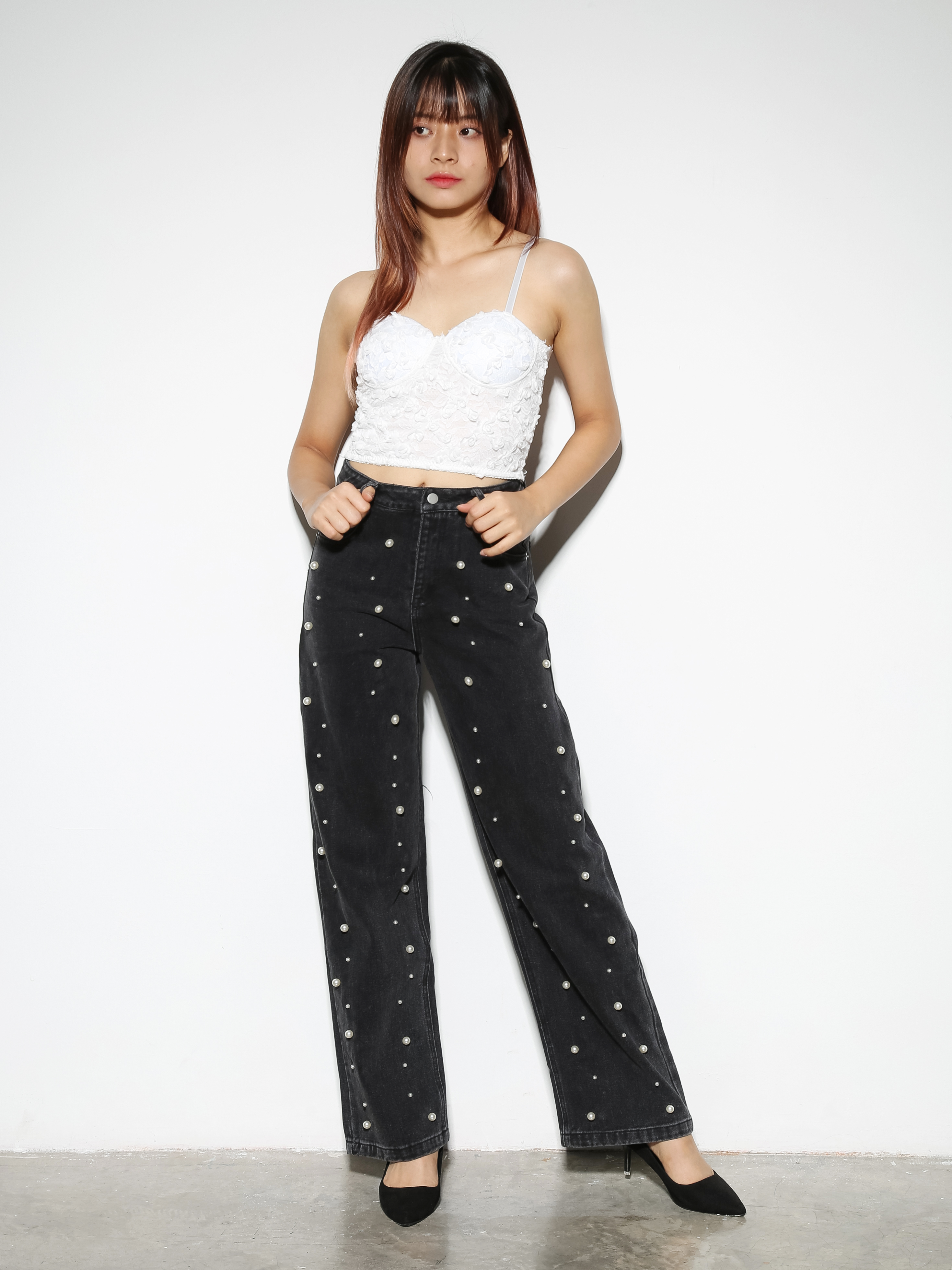 Denim Front Button With Decorative Pearl Long Pant 29045