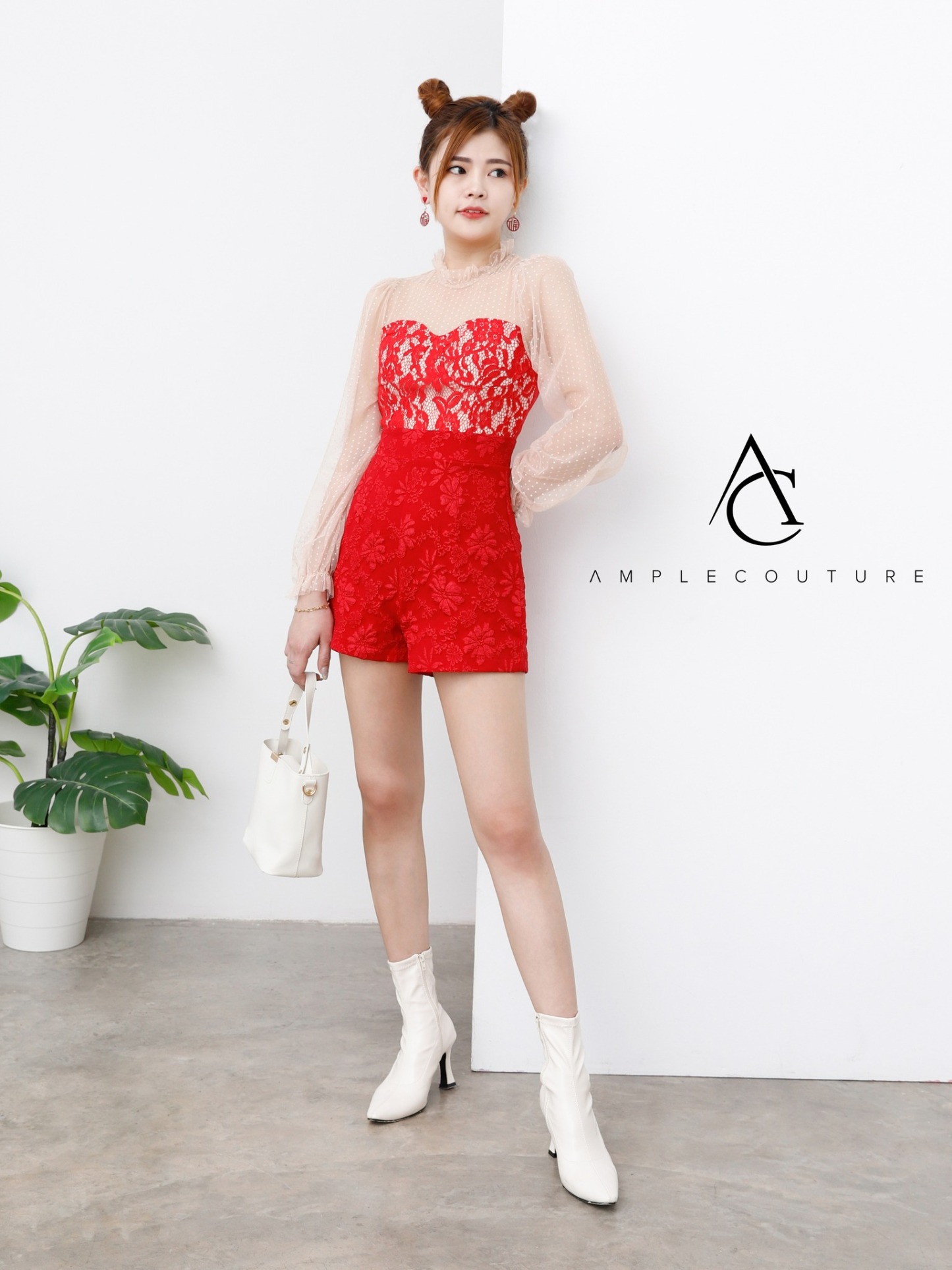 Floral Lace With Polka Dot Long Sleeve Jumpsuit 25201