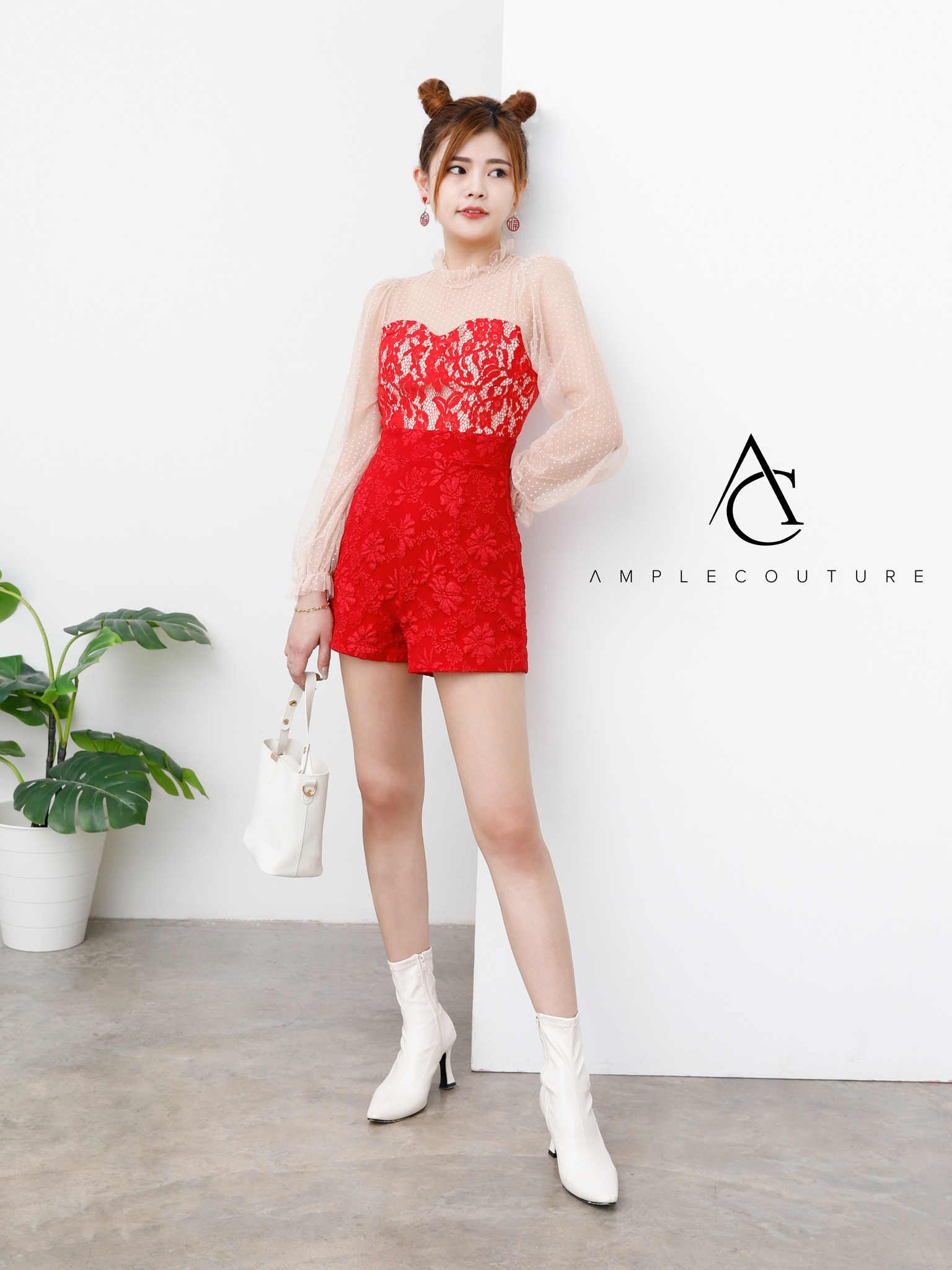 Floral Lace With Polka Dot Long Sleeve Jumpsuit 25201