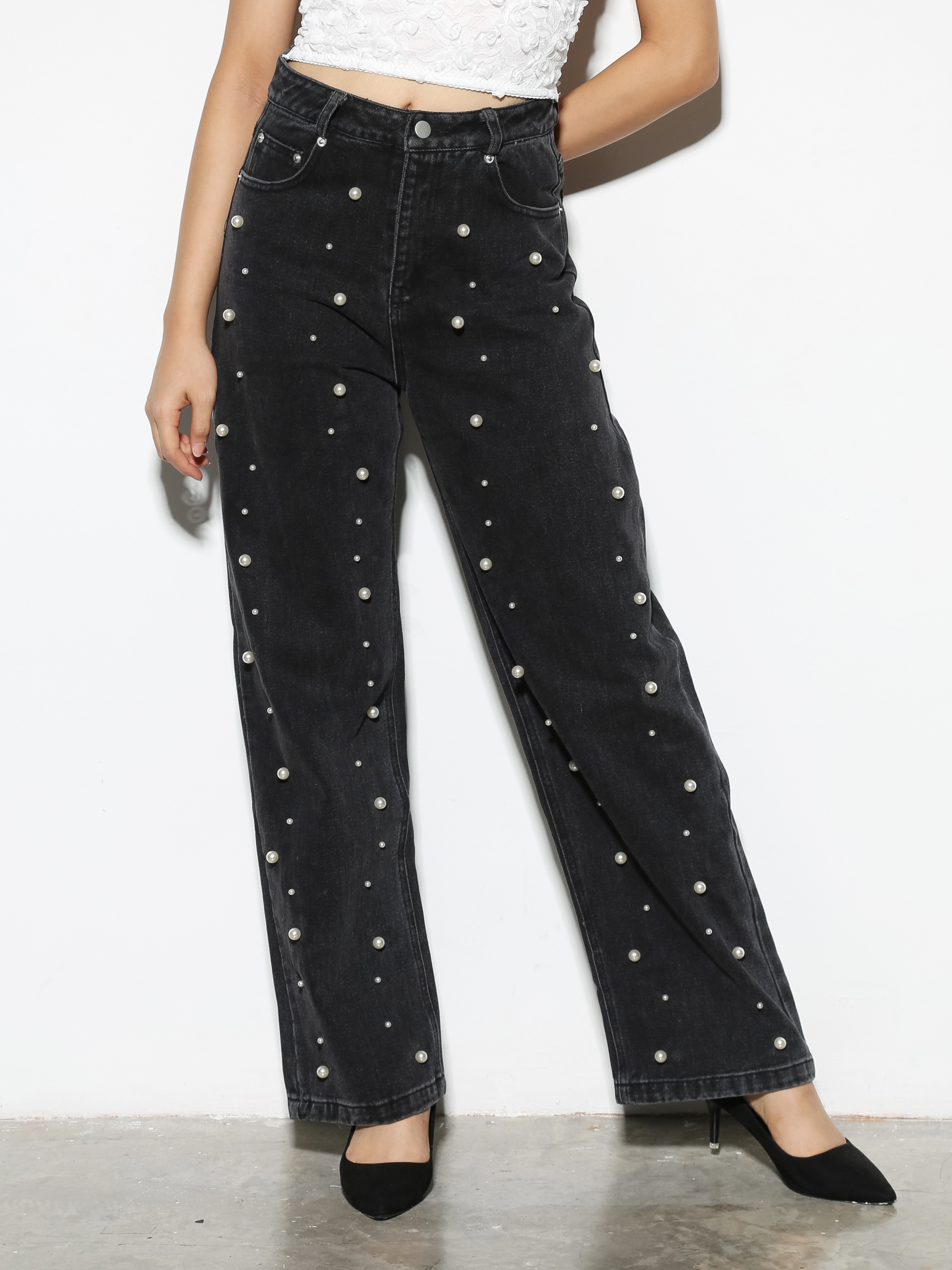 Denim Front Button With Decorative Pearl Long Pant 29045