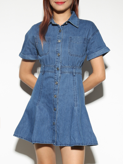 Denim Short Sleeve Front Button Dress 28365