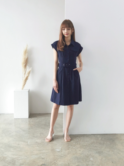 Cap Sleeve Front Button With Belt Dress AC042