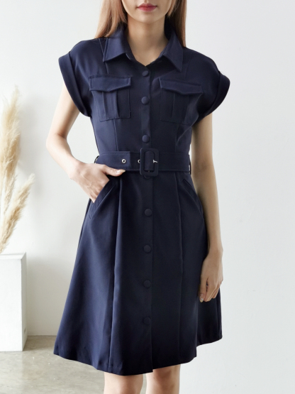 Cap Sleeve Front Button With Belt Dress AC042