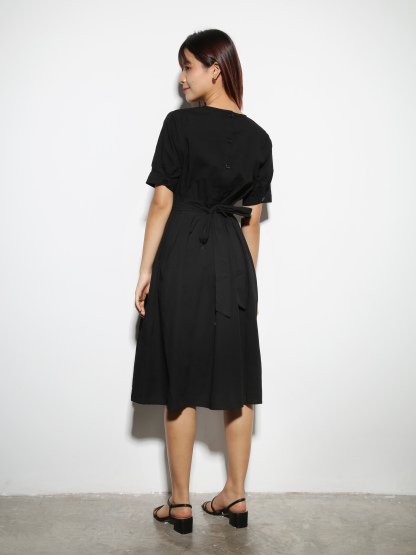 Korean Style Pleated Back Tie Up And Button Dress 27875