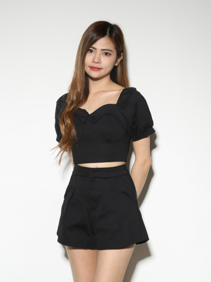 Puff Sleeve Square Neck Top With Short Pant Set 28364