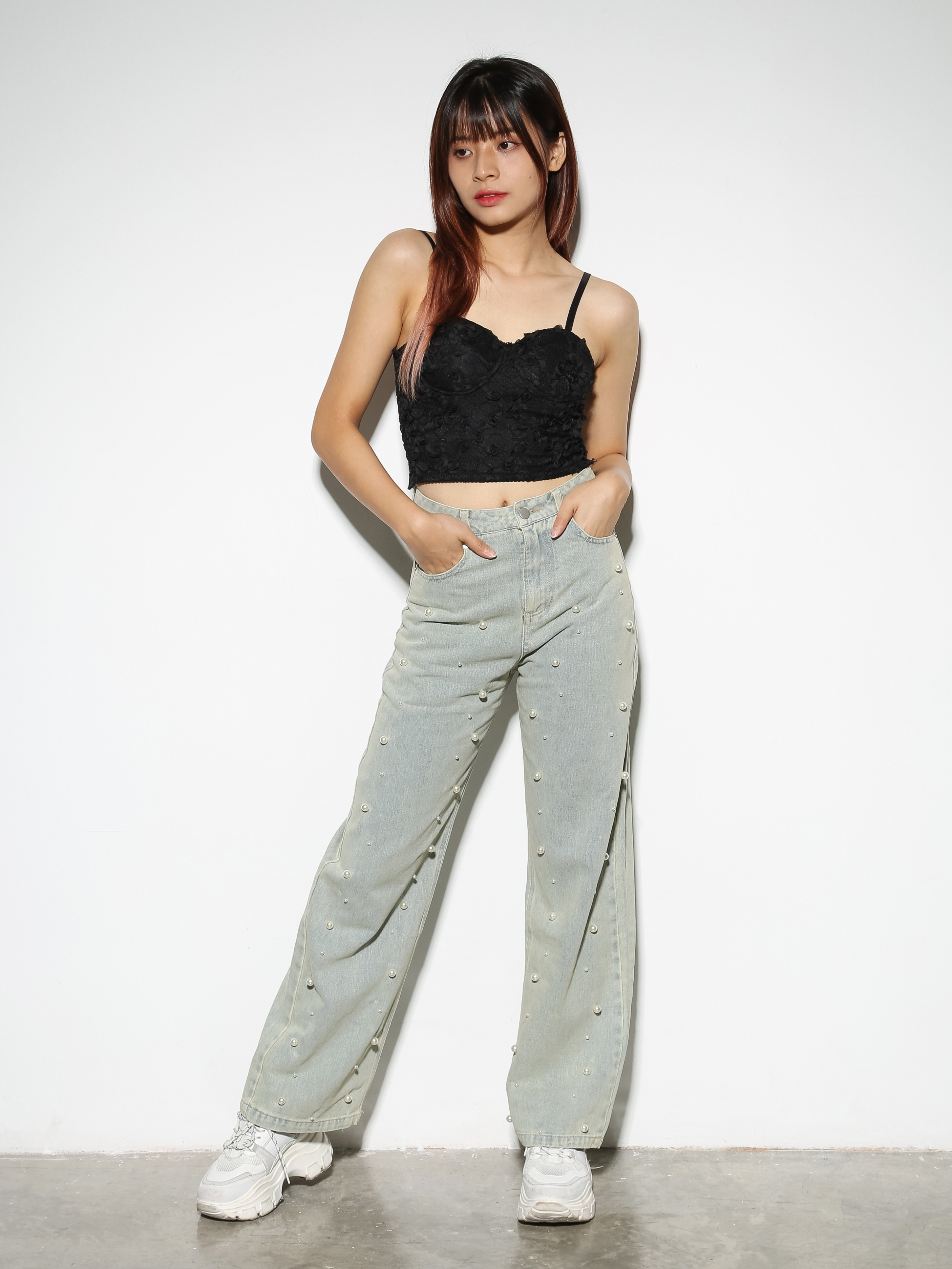 Denim Front Button With Decorative Pearl Long Pant 29045