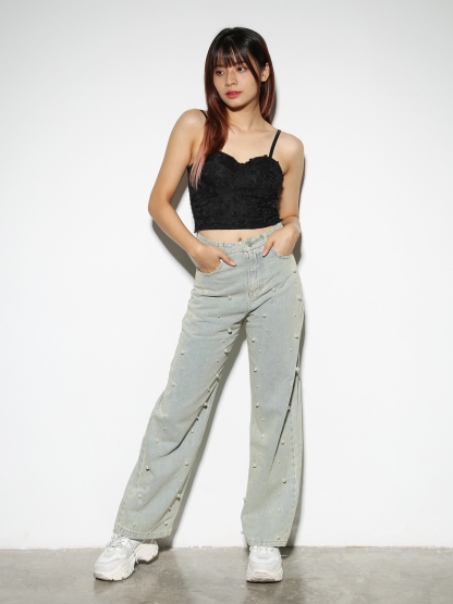 Denim Front Button With Decorative Pearl Long Pant 29045