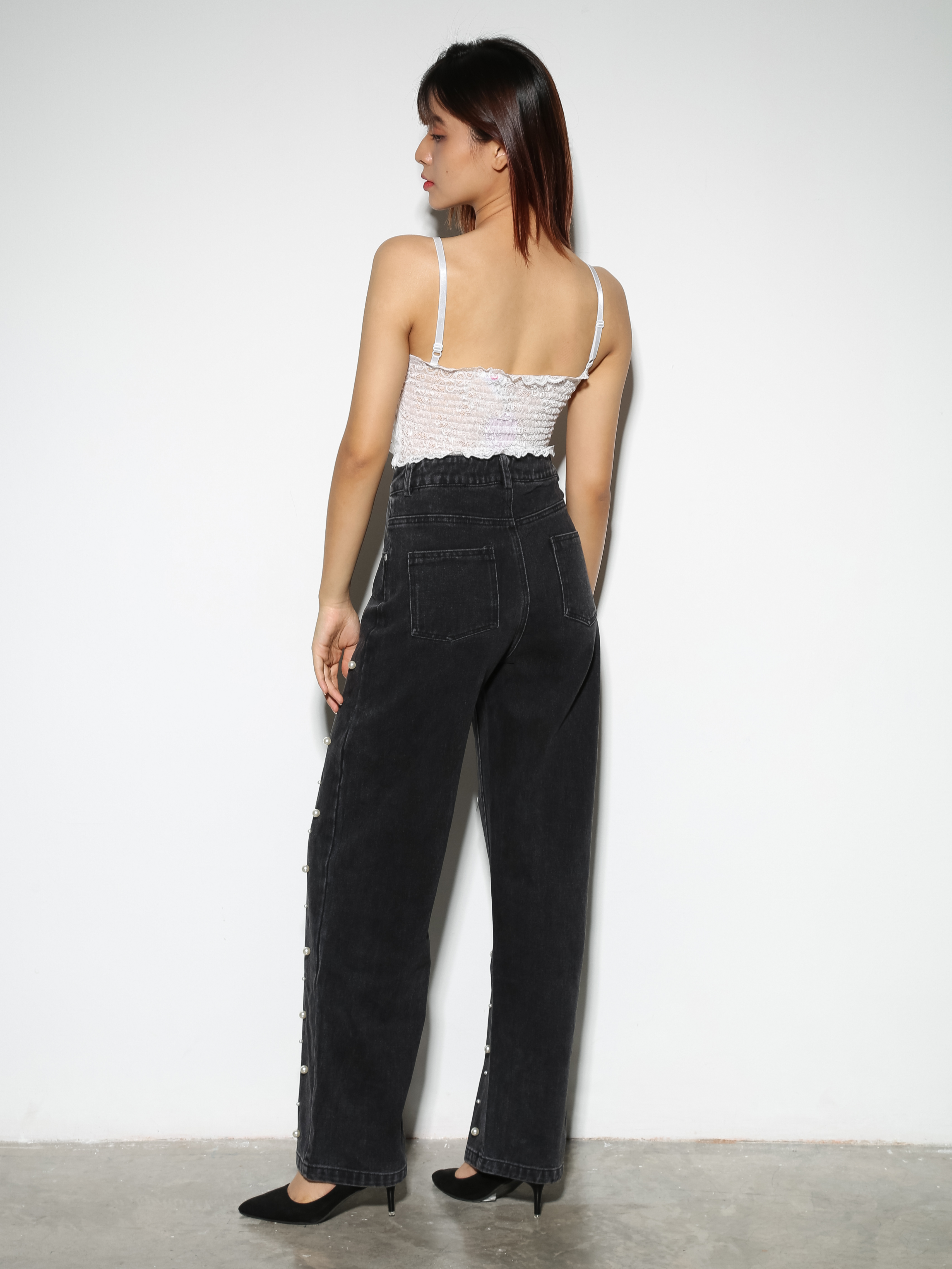Denim Front Button With Decorative Pearl Long Pant 29045