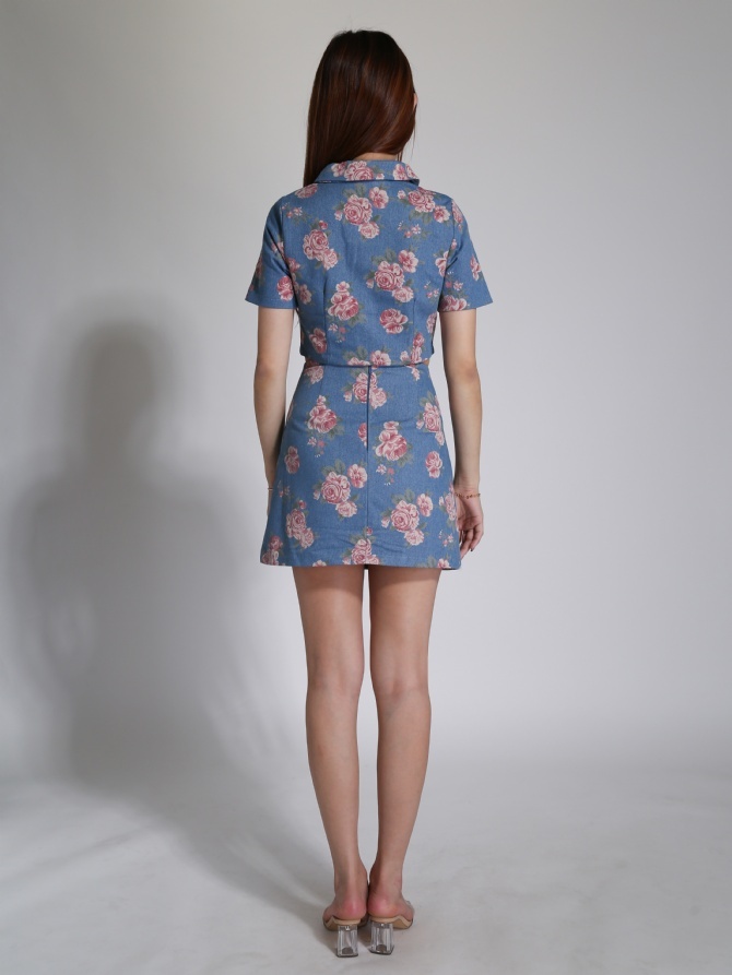 Floral Collar Front Zip With Skirt Set 24238