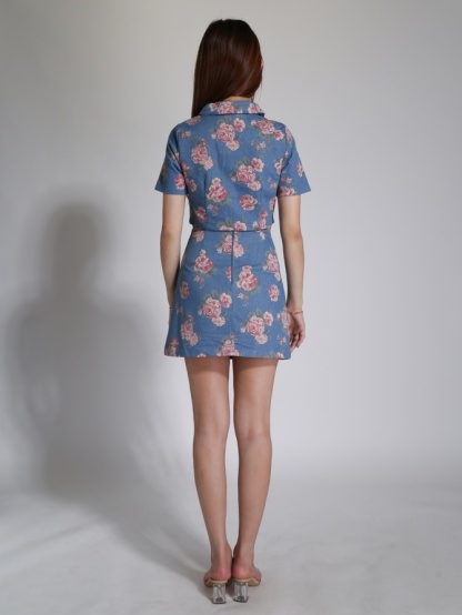 Floral Collar Front Zip With Skirt Set 24238