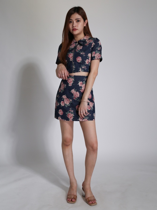 Floral Collar Front Zip With Skirt Set 24238